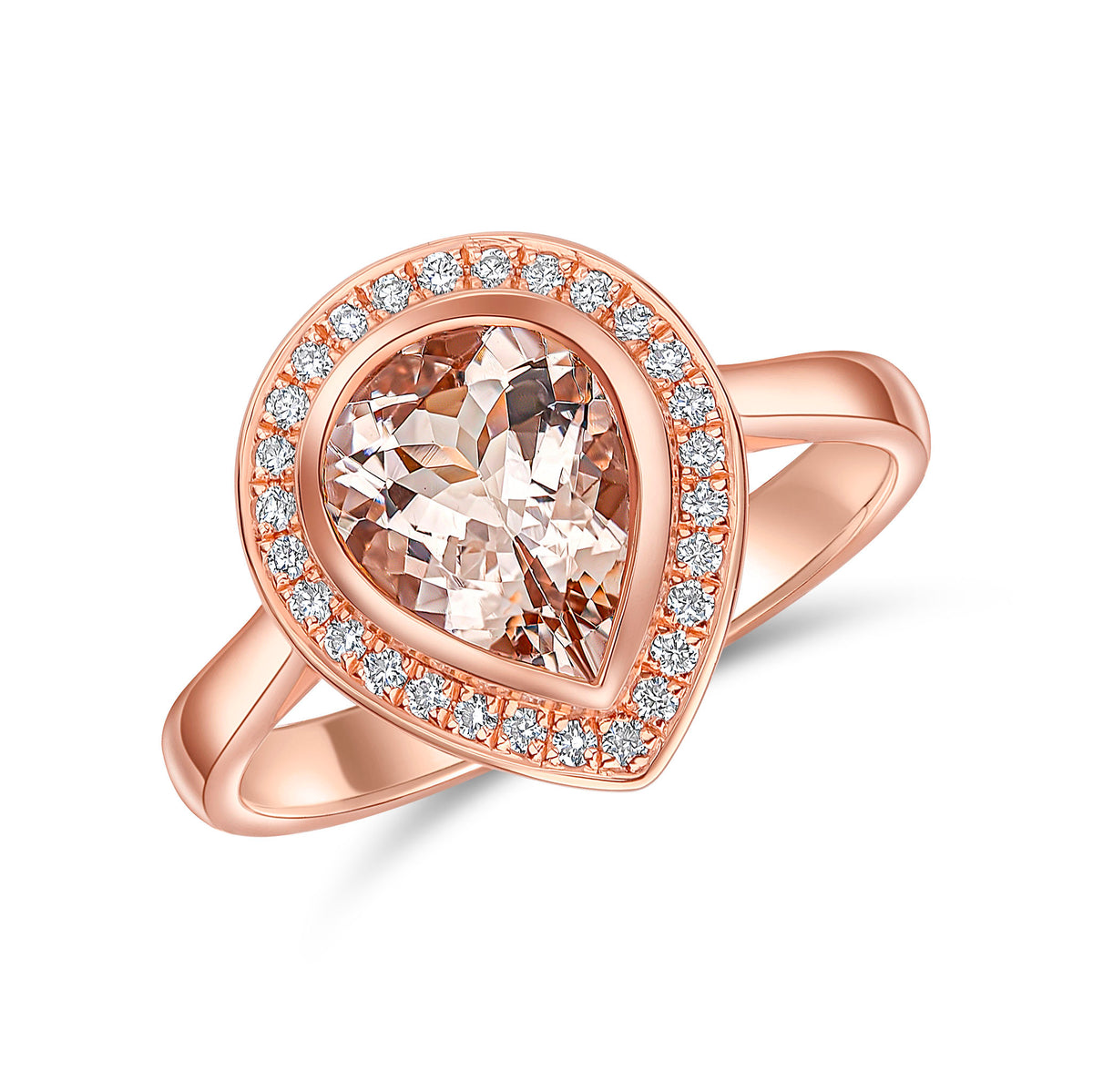 18CT RG RUBOVER PEARSHAPE MORGANITE & GRAIN SET DIAMOND CLUSTER RING