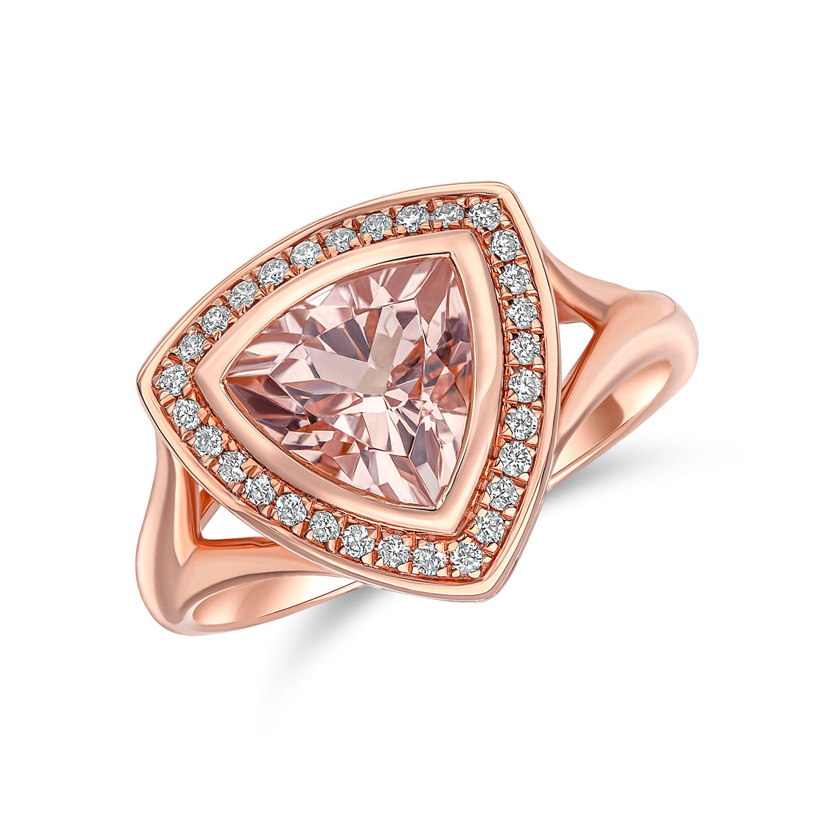 18CT RG RUBOVER 8MM TRILLION MORGANITE & GRAIN SET DIAMOND CLUSTER RING