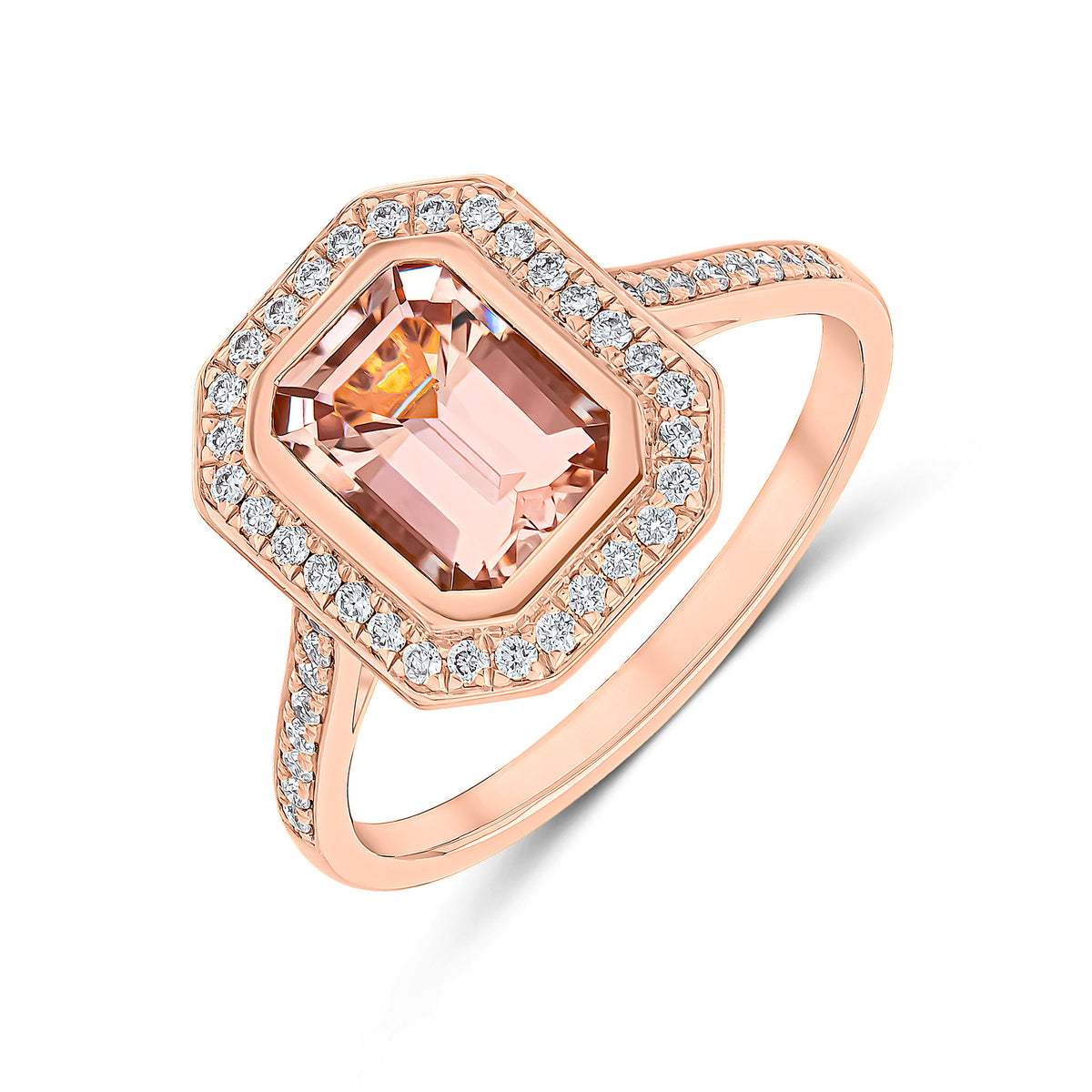 18CT RG RUBOVER OCTAGON MORGANITE AND GRAIND SET ROUND DIAMOND CLUSTER RING WITH DIAMOND SET SHOULDERS