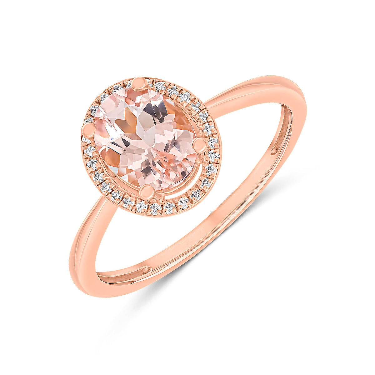 18CT ROSE GOLD OVAL MORGANITE & DIAMOND HALO CLUSTER RING