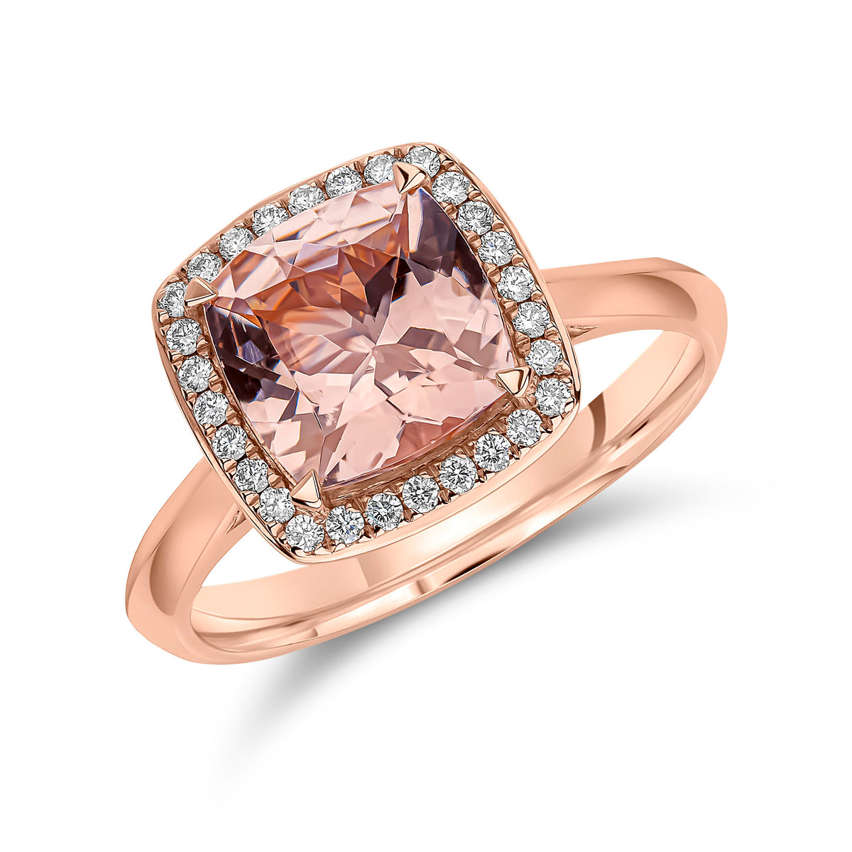 18CT RG CLAW SET 8MM CUSHION MORGANITE AND GRAIN SET DIAMOND CLAW SET CLUSTER RING