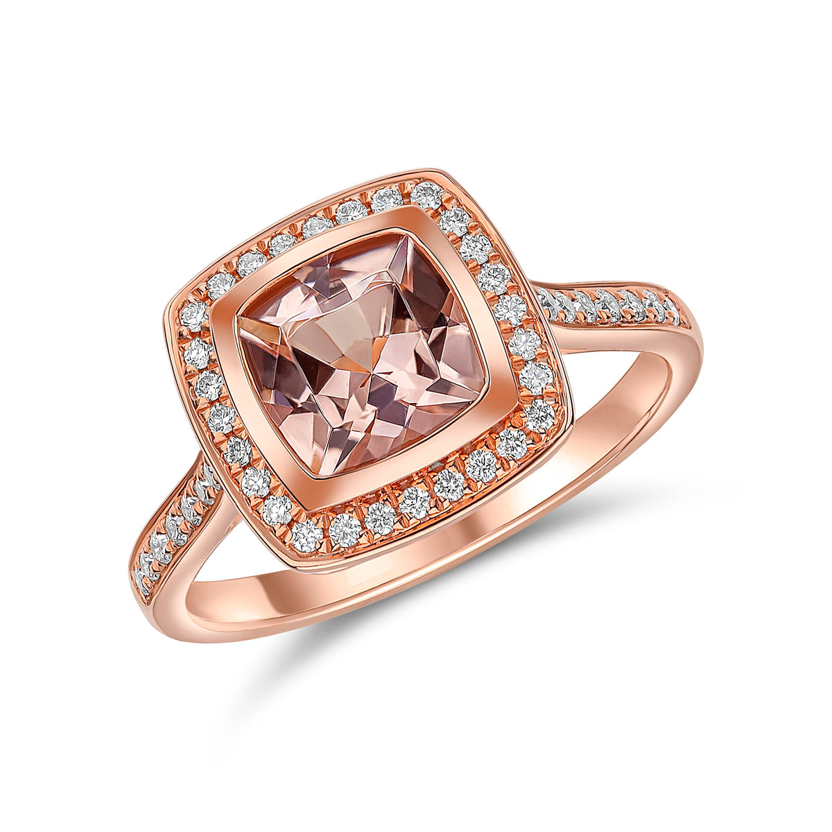 18CT RG RUBOVER 7MM CUSHION MORGANITE AND GRAIN SET DIAMOND CLUSTER RING WITH DIAMOND SET SHOULDERS