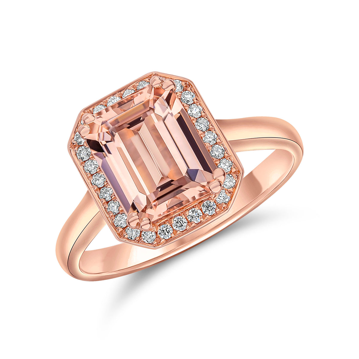 18CT RG RUBOVER 9X7 OCTAGON MORGANITE & GRAIN SET DIAMOND CLUSTER RING