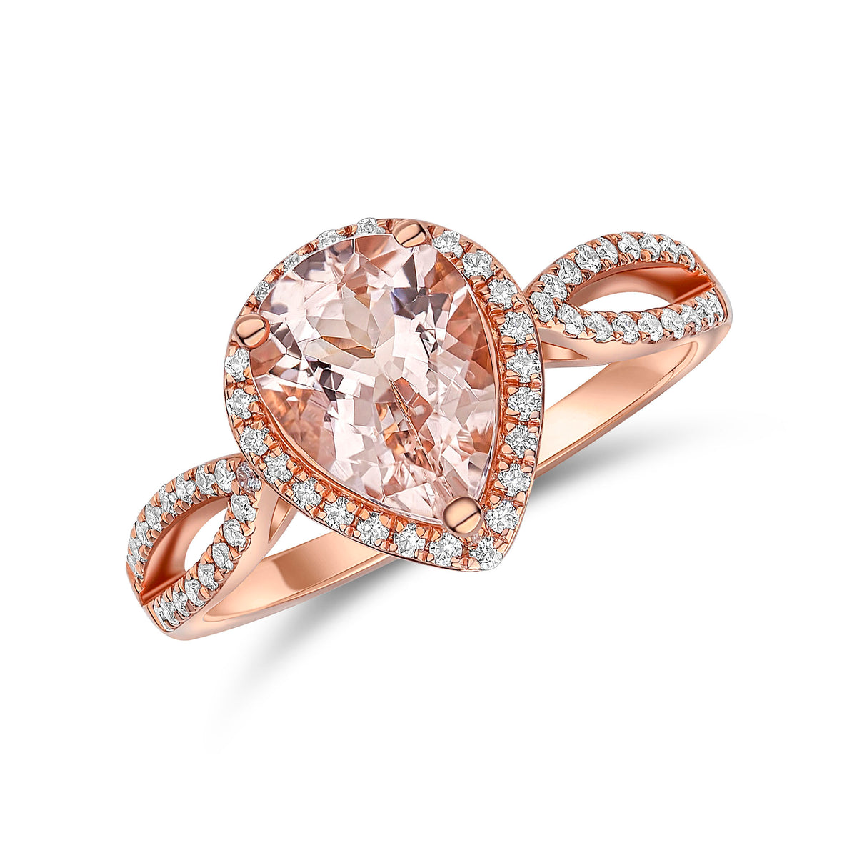 18CT RG PEARSHAPE MORGANITE & DIAMOND CLUSTER RING WITH DIAMOND SET TAPERED SPLIT SHOULDERS