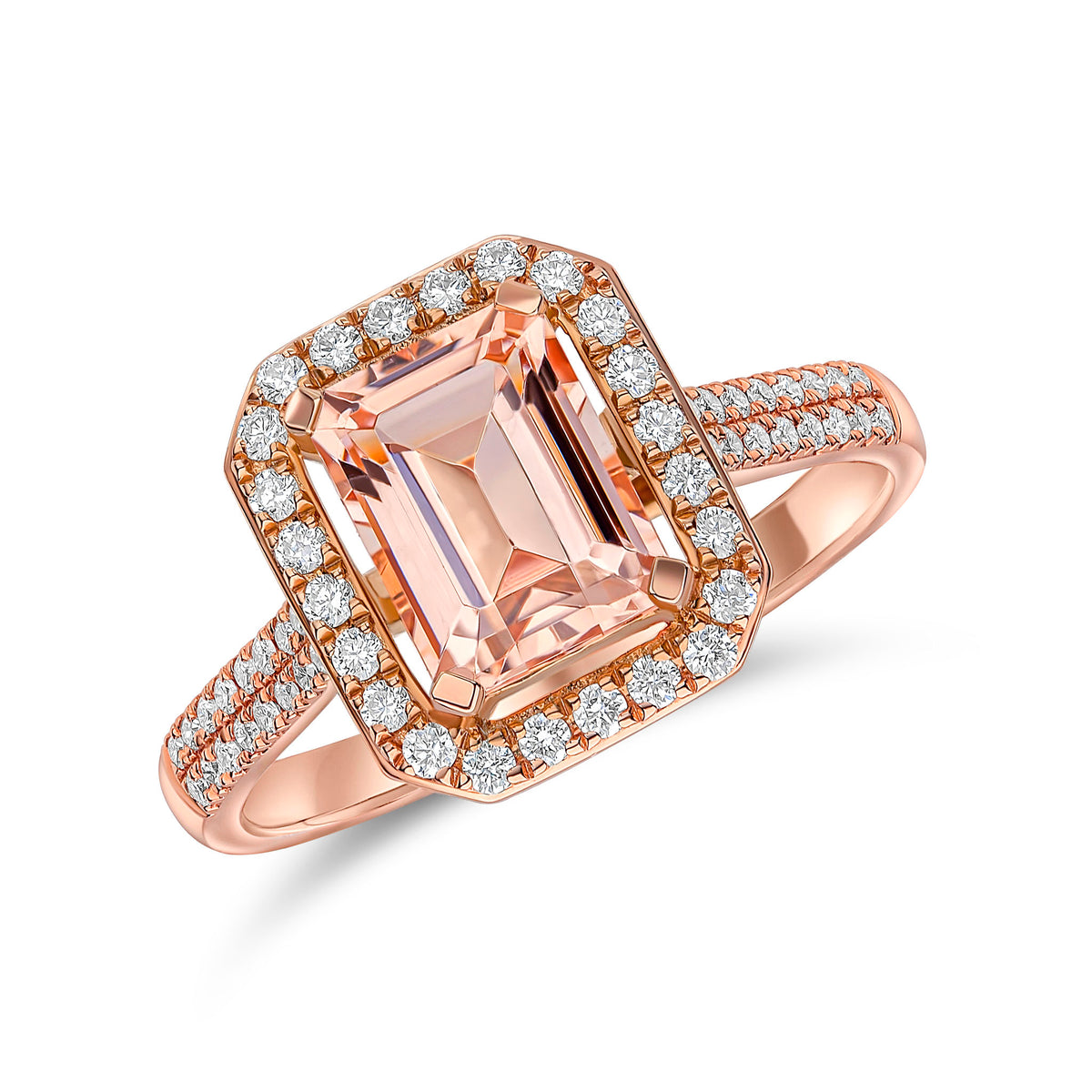 18CT RG OCTAGON MORGANITE & DIAMOND CLAW SET CLUSTER RING WITH DIAMOND SET SHOULDERS