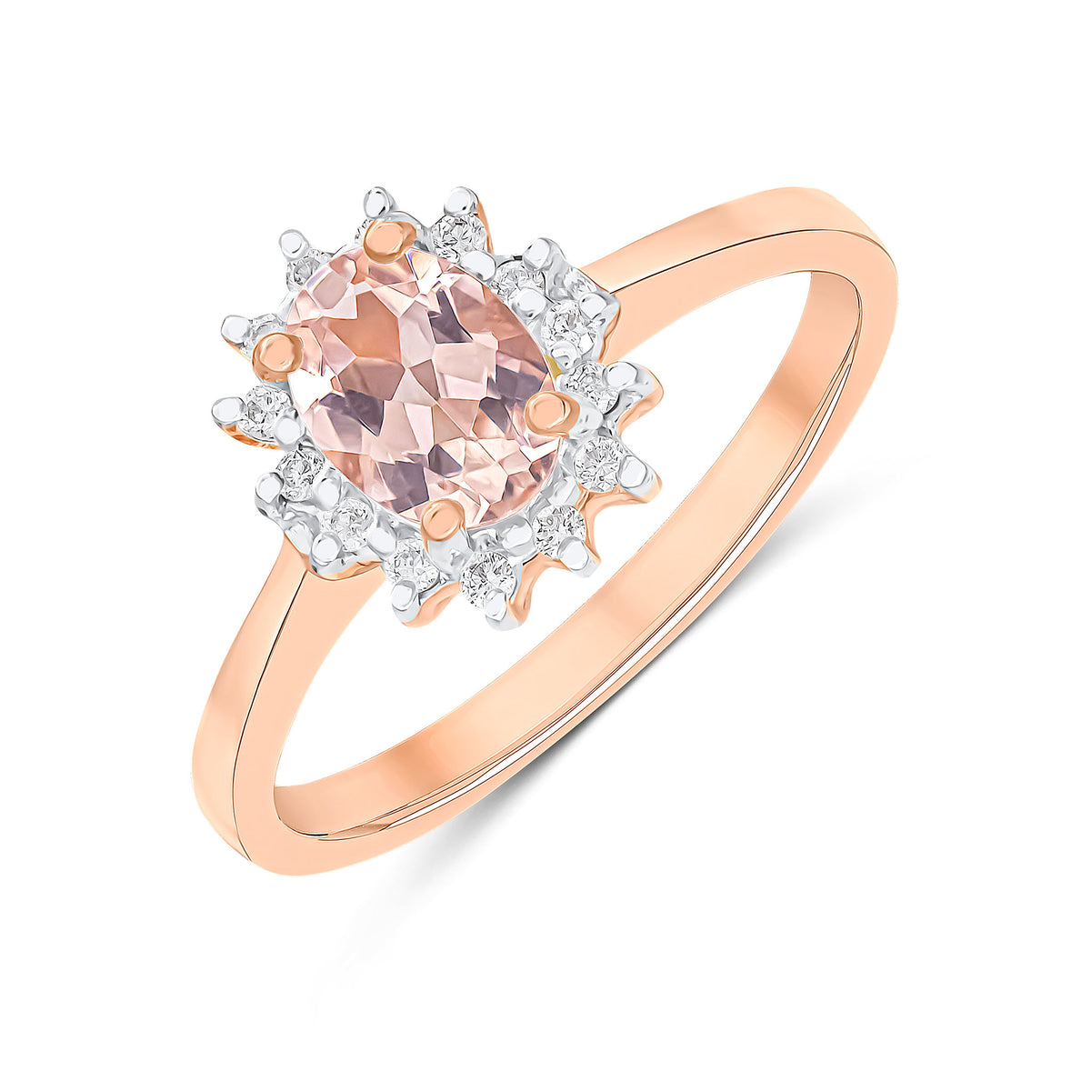 18CT RG 7X5 OVAL MORGANITE & DIAMOND CLAW SET CLUSTER RING. RHODIUM TO DIAMONDS