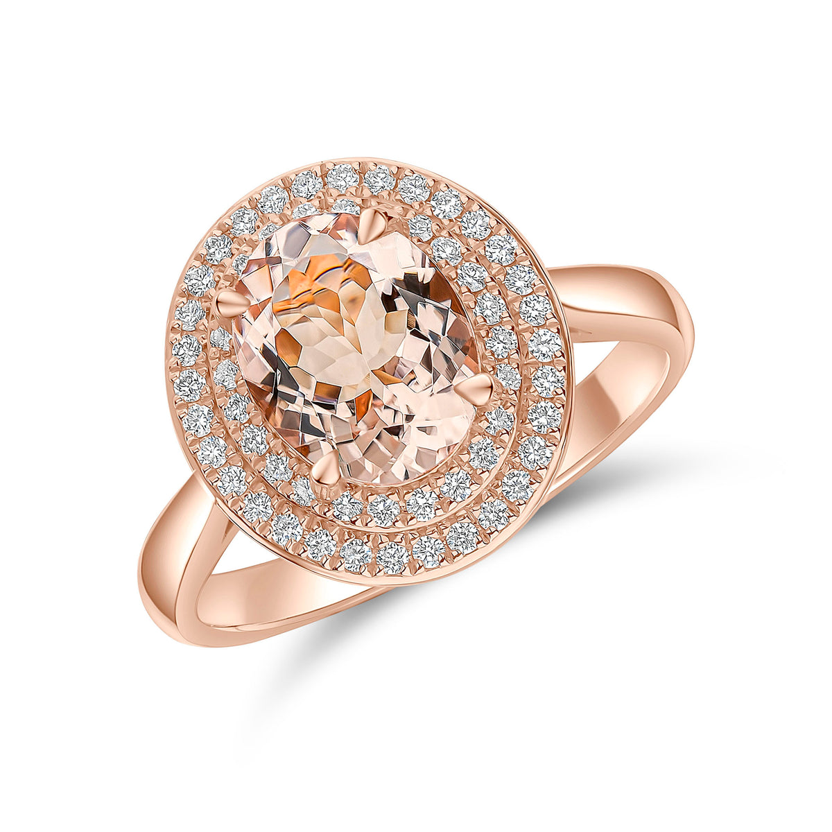 18CT RG OVAL MORGANITE & DIAMOND 2 ROW CLAW SET CLUSTER RING