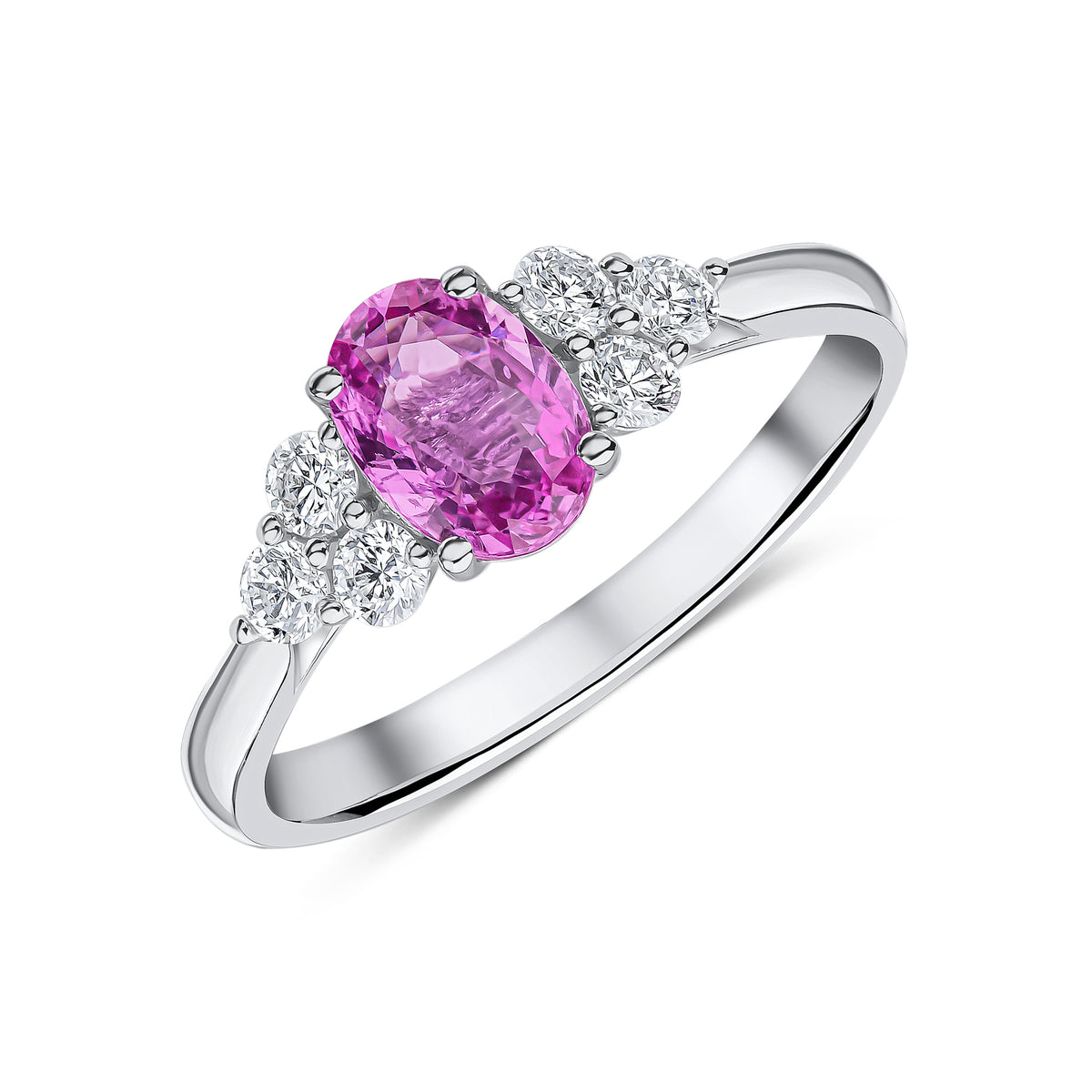 18CT WG 7X5 OVAL PINK SAPPHIRE AND DIAMOND TREFOIL SHOULDERS CLAW SET  RING