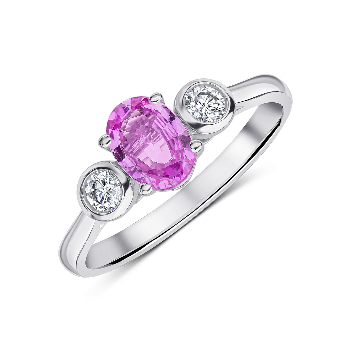 18CT WG CLAW SET 7X5 OVAL PINK SAPPHIRE AND RUBOVER BRILLIANT CUT DIAMOND 3ST RING