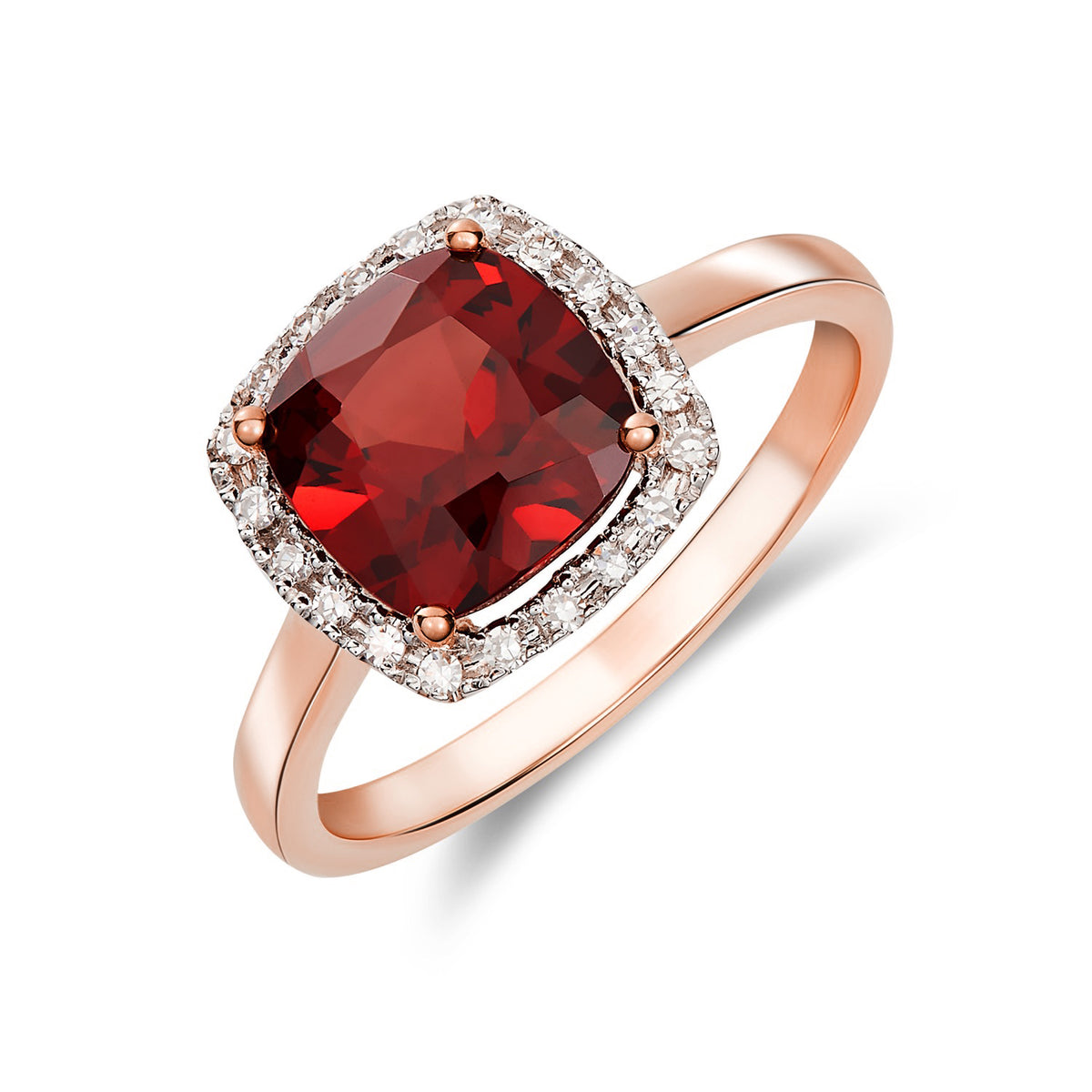 18CT ROSE GOLD 8MM CUSHION GARNET & DIAMOND CLUSTER RING