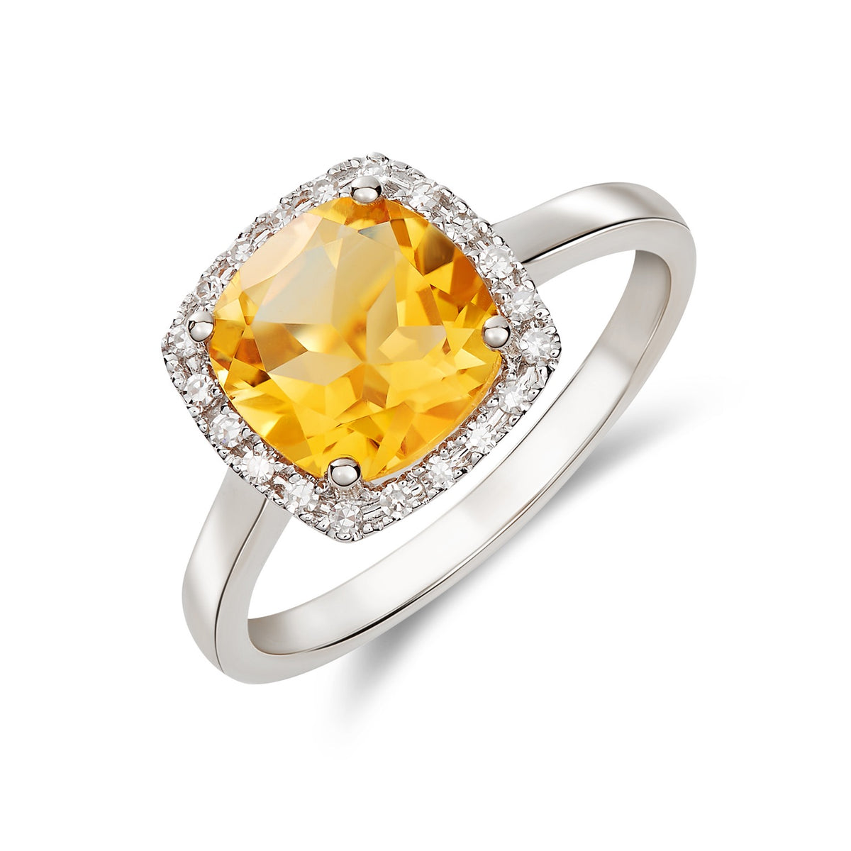 18CT WHITE GOLD CUSHION CITRINE AND ROUND DIAMOND CLAW SET CLUSTER RING