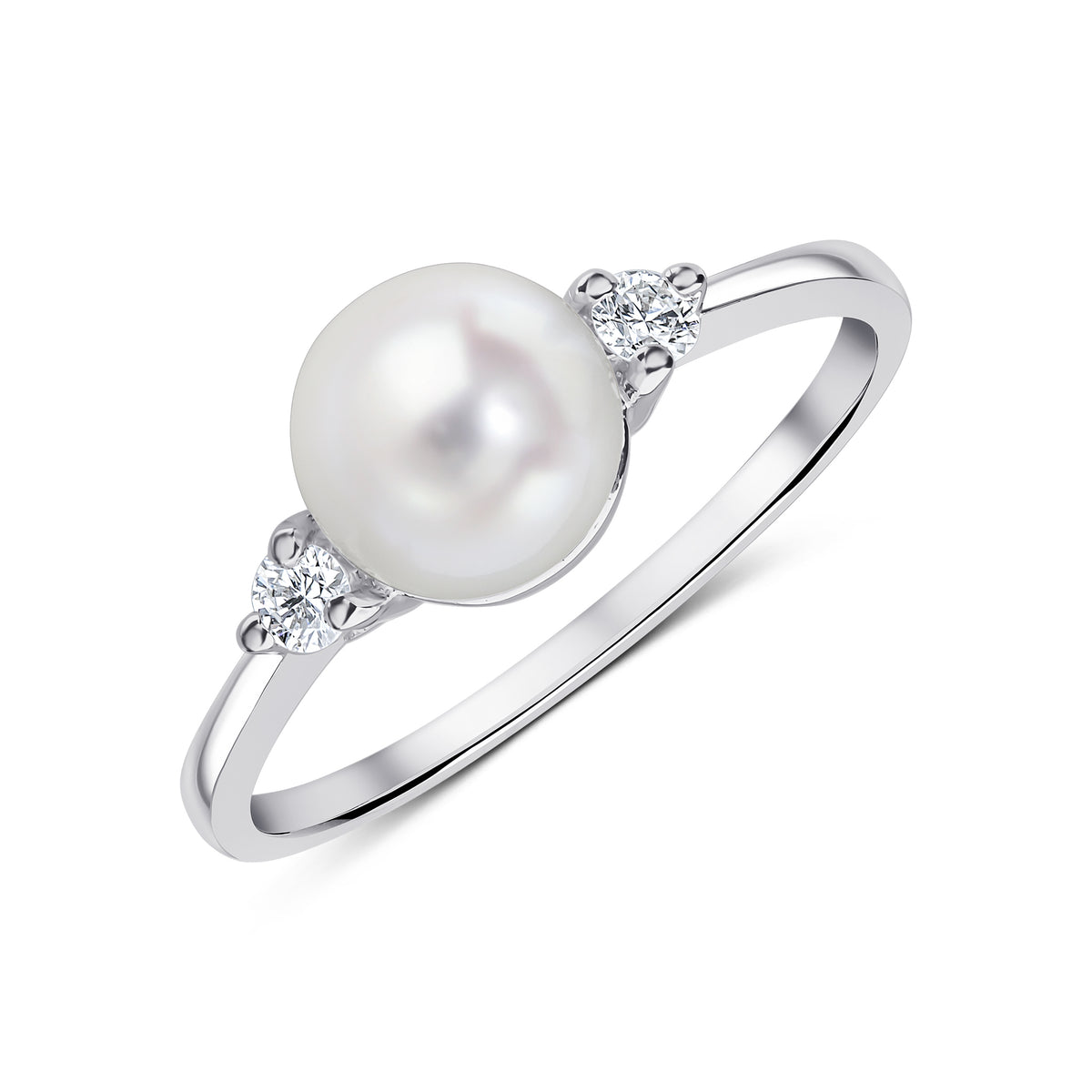 18CT WG 7-7.5MM FRESHWATER CULTURED PEARL AND ROUND DIAMOND CLAW SET 3ST RING