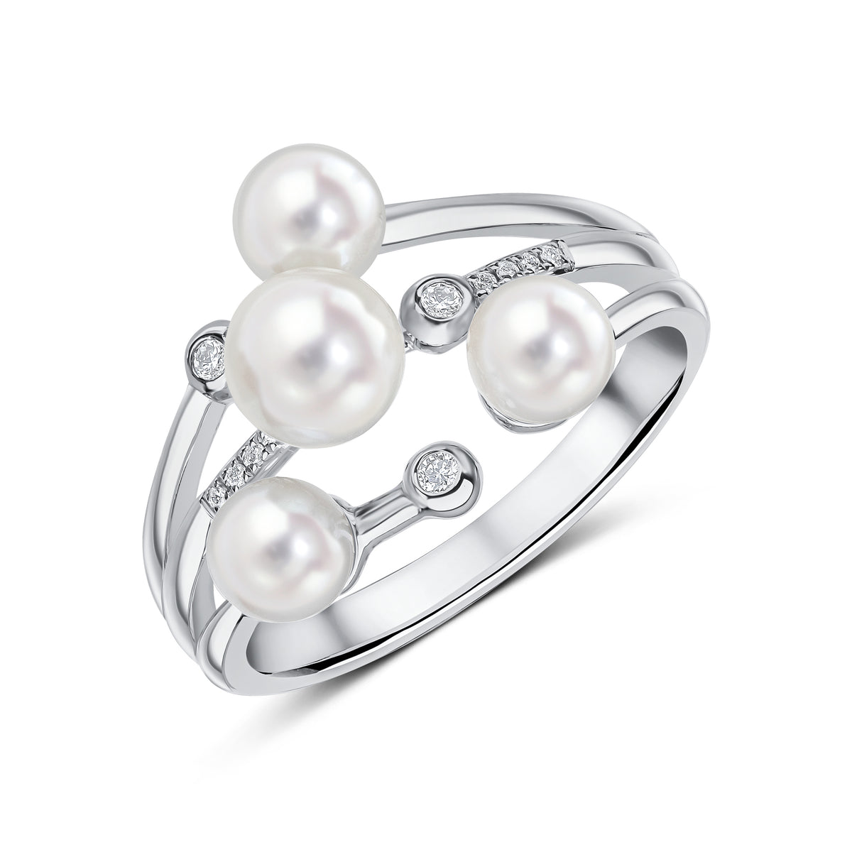 18CT WG CFW PEARL AND DIAMOND 3 ROW BAND RING