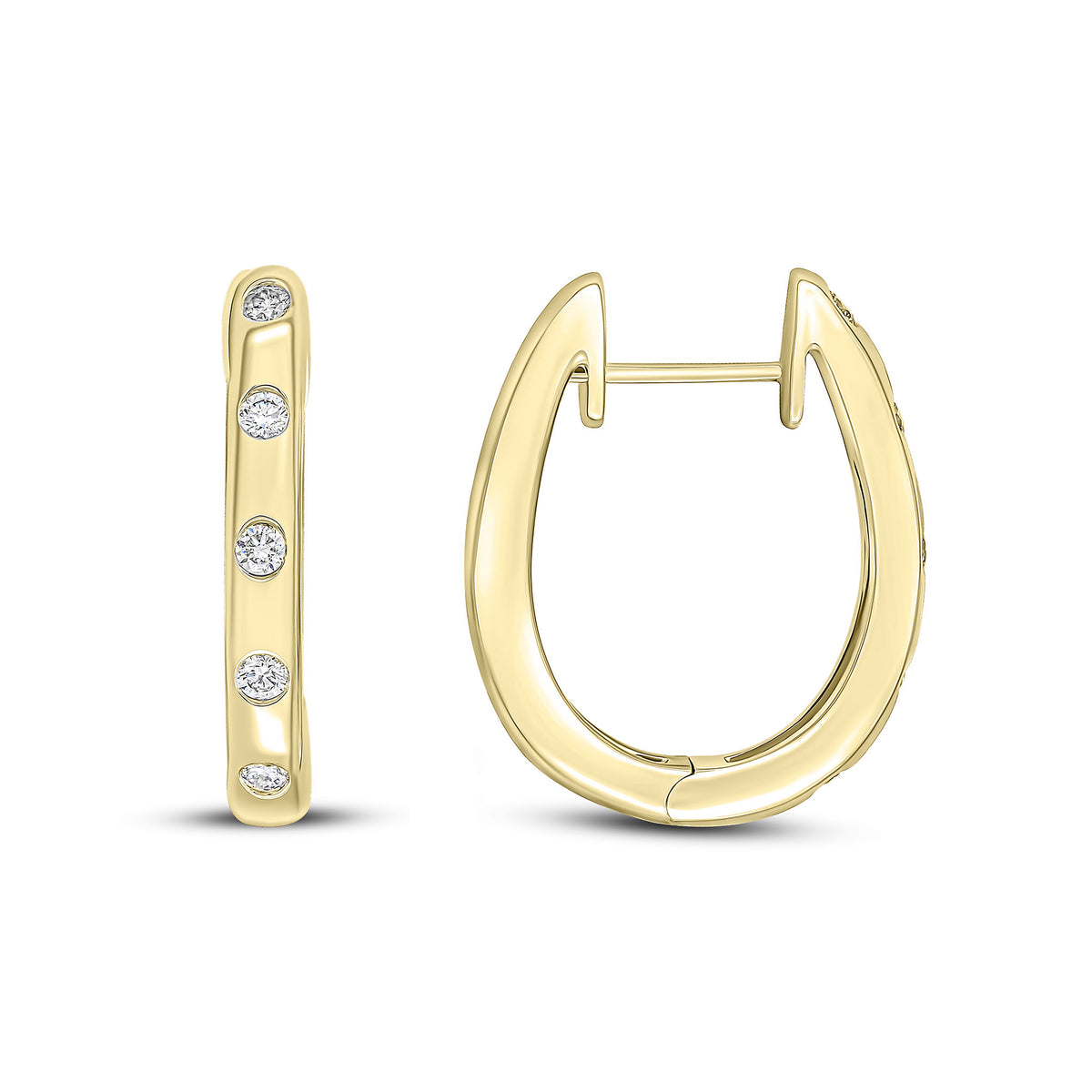18CT YG ROUND DIAMOND FLUSH SET OVAL HINGED HUGGY HOOP EARRINGS