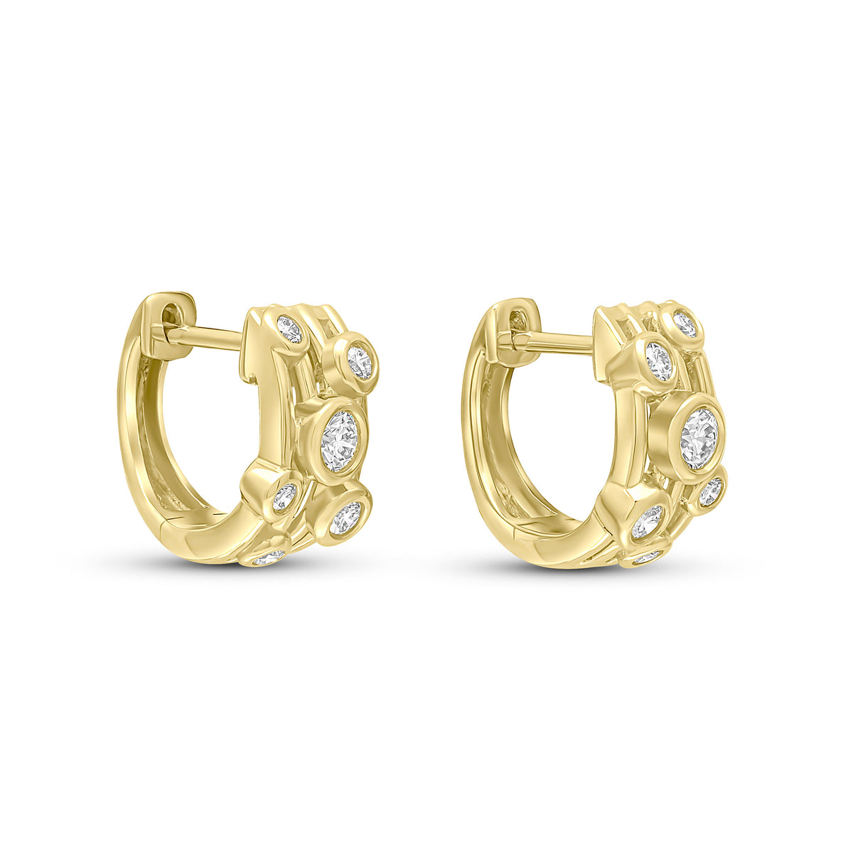 18CT YELLOW GOLD ROUND DIAMOND RUBOVER 'BUBBLE' 4 ROW HINGED HUGGY EARRINGS