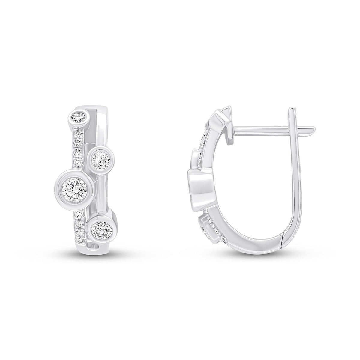 18CT WHITE GOLD ROUND DIAMOND RUBOVER AND GRAIN SET 2 ROW HINGED HALF HOOP EARRINGS