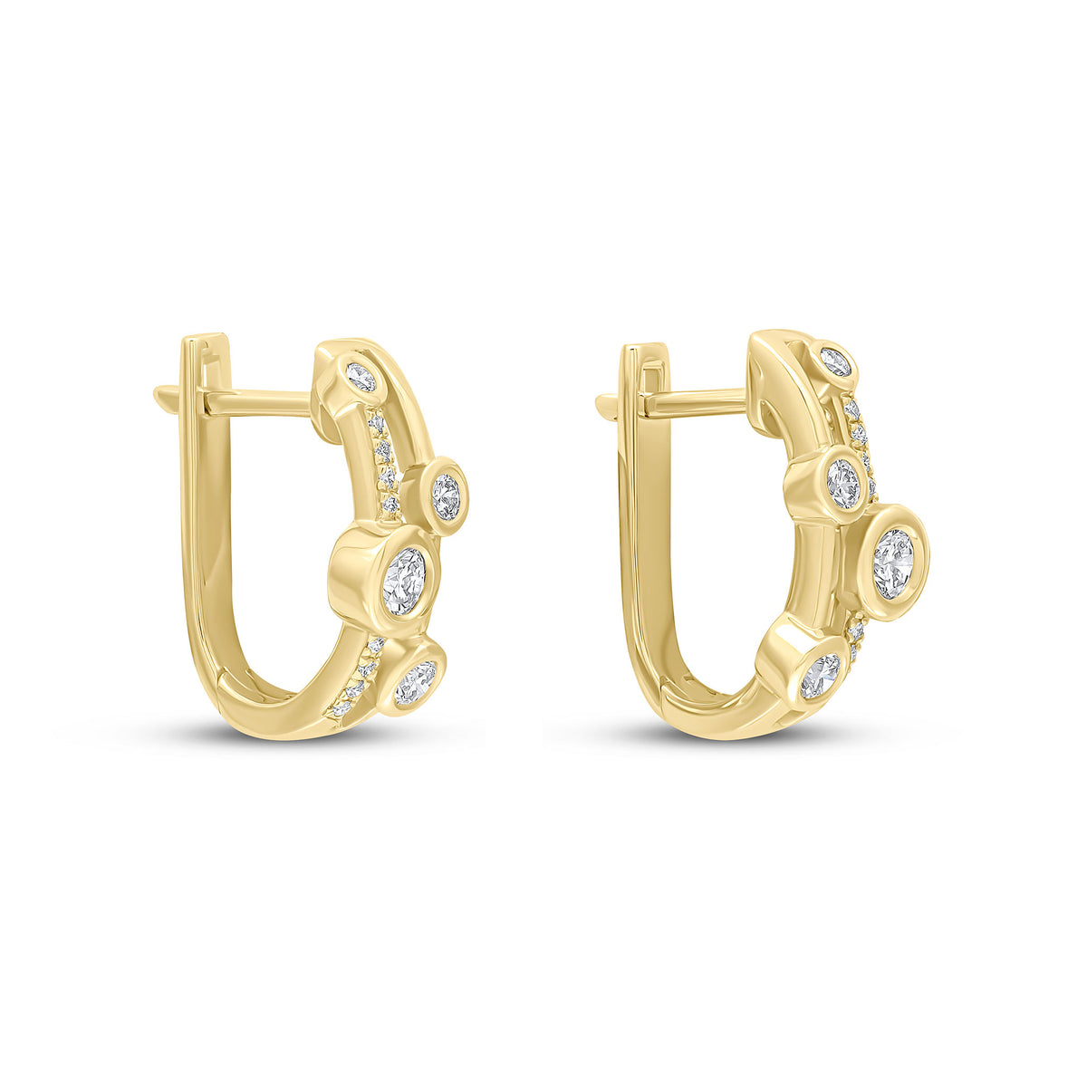 18CT YELLOW GOLD ROUND DIAMOND RUBOVER AND GRAIN SET 2 ROW HINGED HALF HOOP EARRINGS