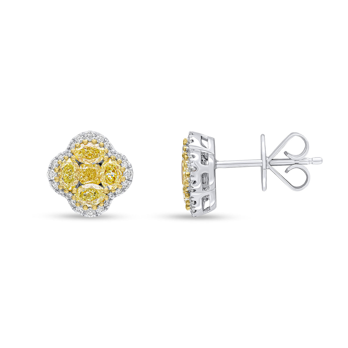 18CT WHITE GOLD YELLOW DIAMOND AND ROUND DIAMOND QUATREFOIL STUD EARRINGS
