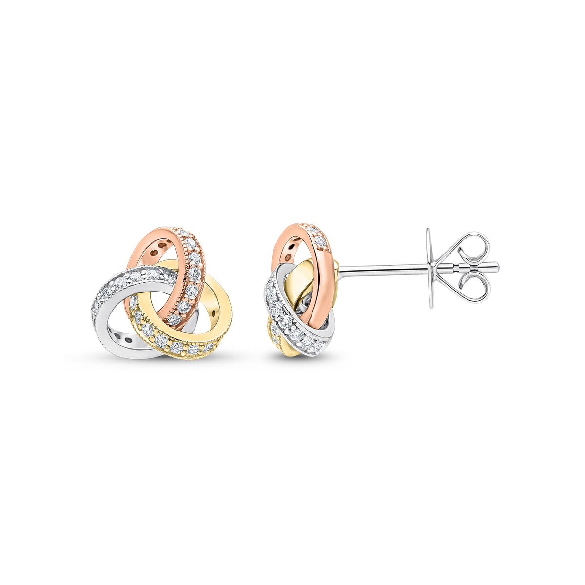 18CT YELLOW, WHITE AND ROSE GOLD ROUND DIAMOND GRAIN SET KNOT STUD EARRINGS.SMALL