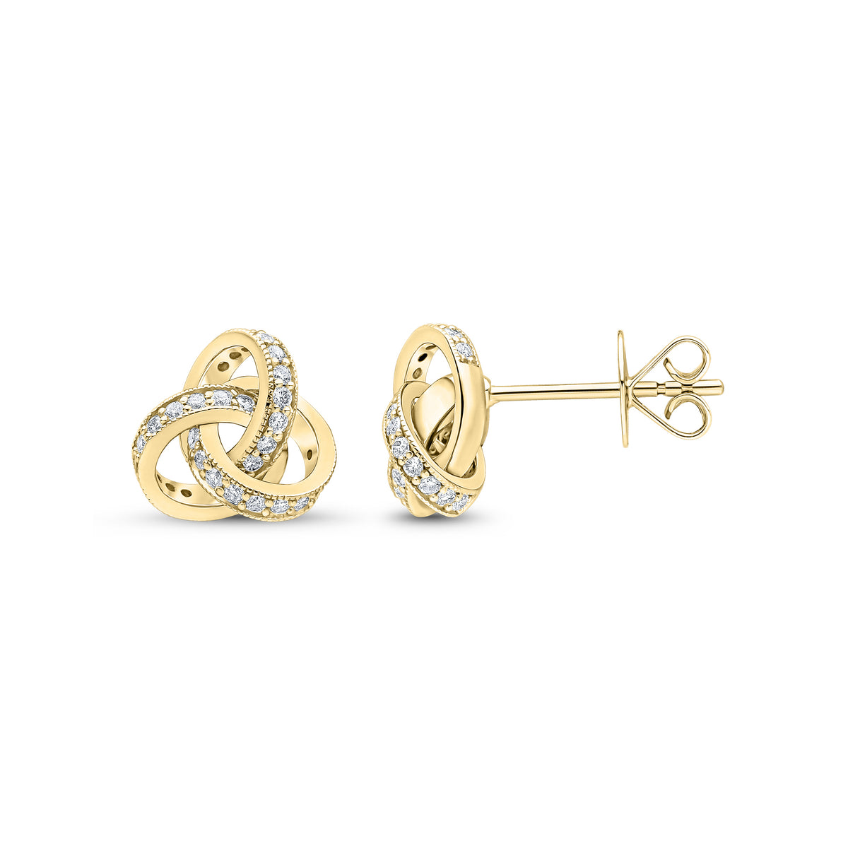 18CT YELLOW GOLD ROUND DIAMOND GRAIN SET KNOT STUD EARRINGS.SMALL
