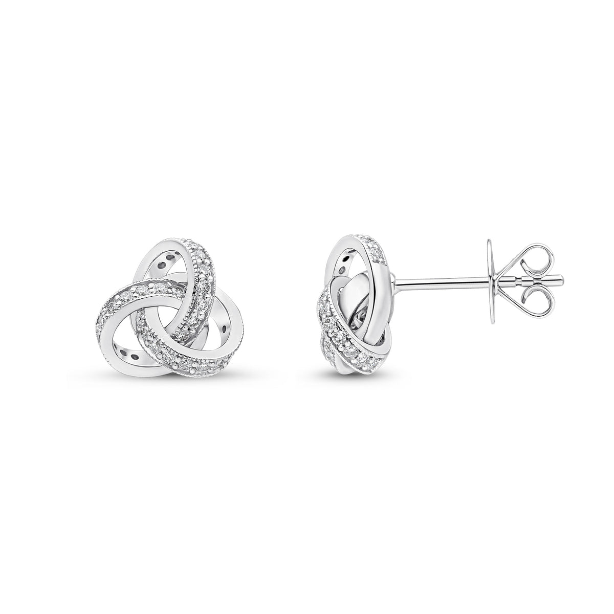 18CT WHITE GOLD ROUND DIAMOND GRAIN SET KNOT STUD EARRINGS.SMALL