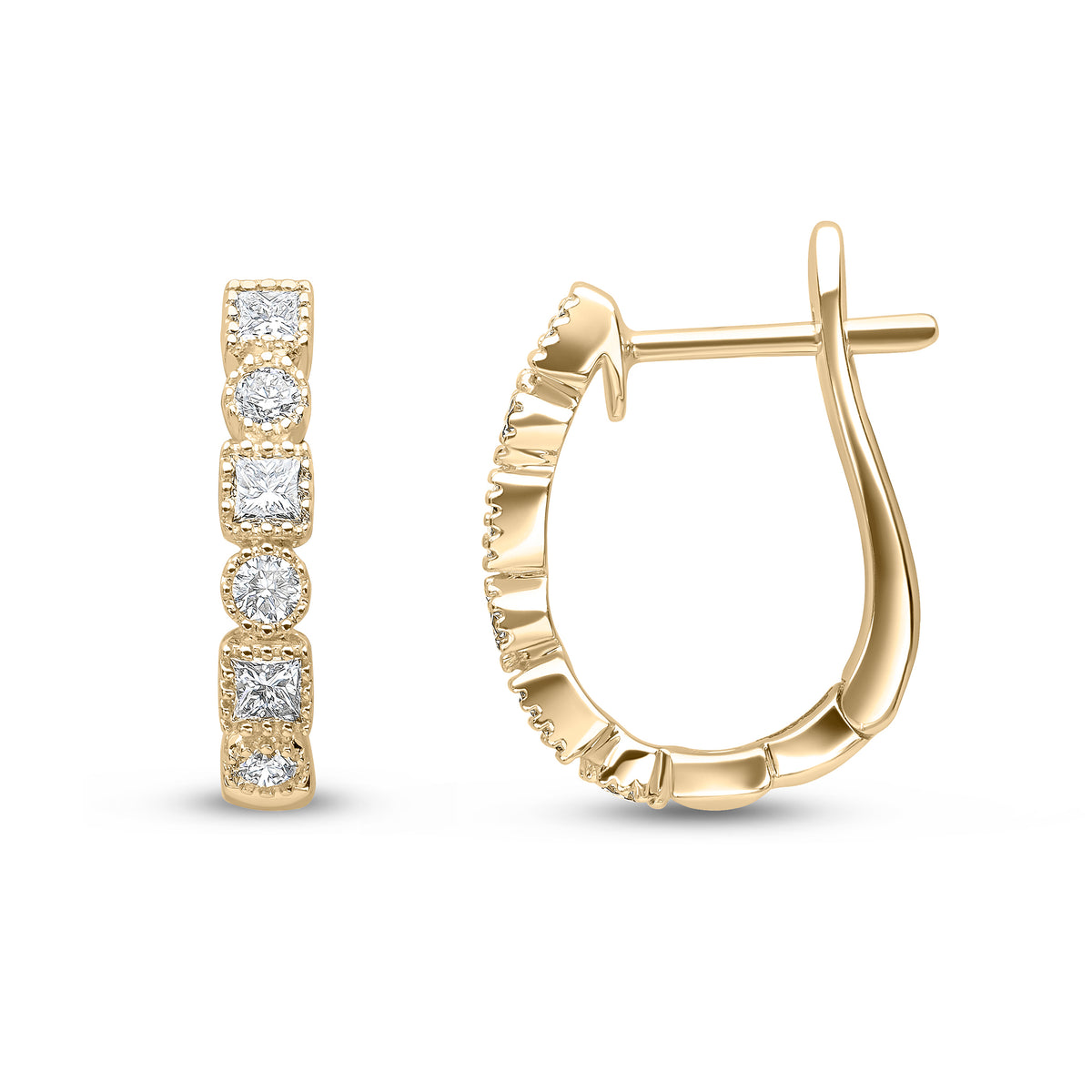 18CT YG PRINCESS AND BRILLIANT CUT DIAMOND MILLEGRAIN HOOP EARRINGS