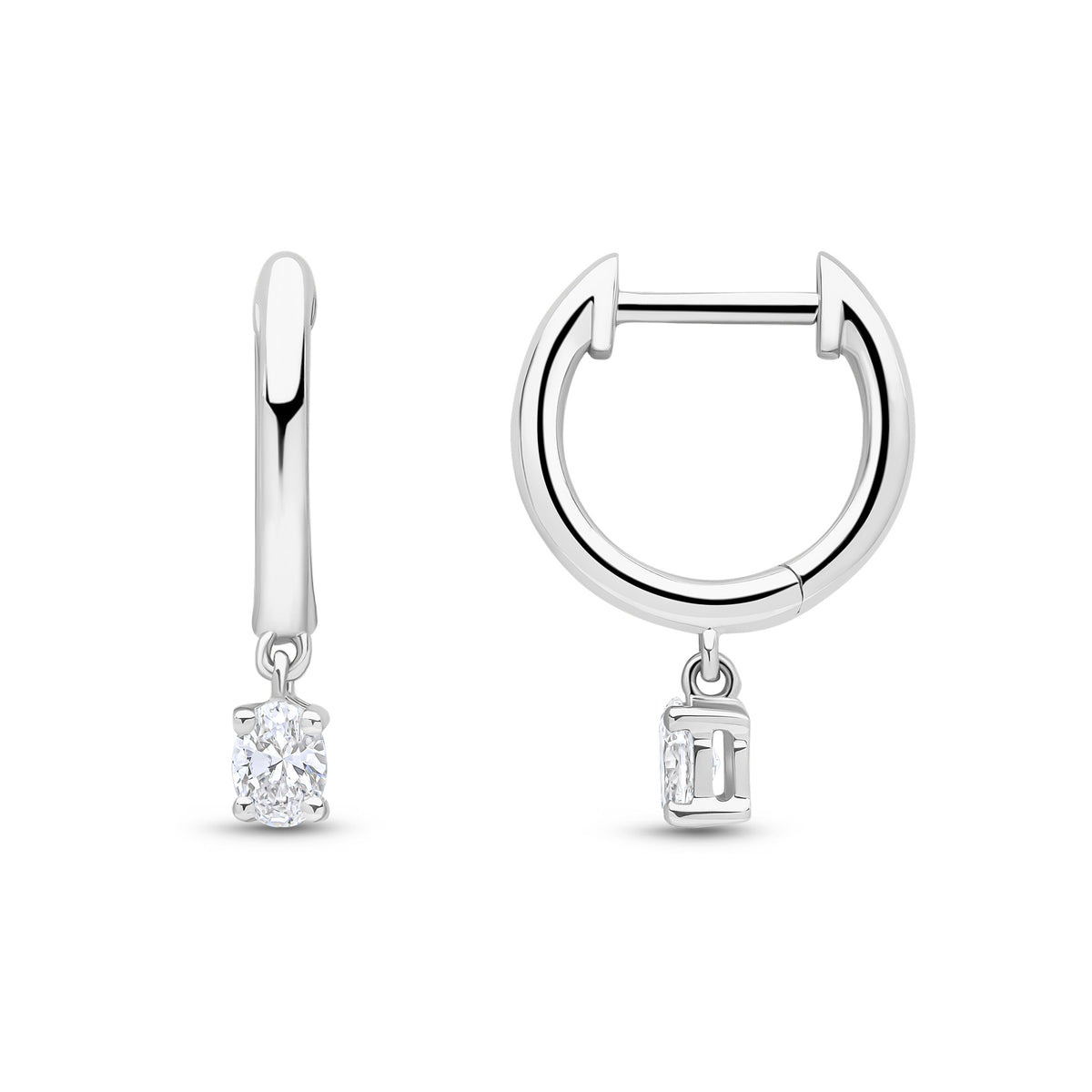 18CT WG PLAIN HOOP TOP WITH OVAL DIAMOND DROP EARRINGS