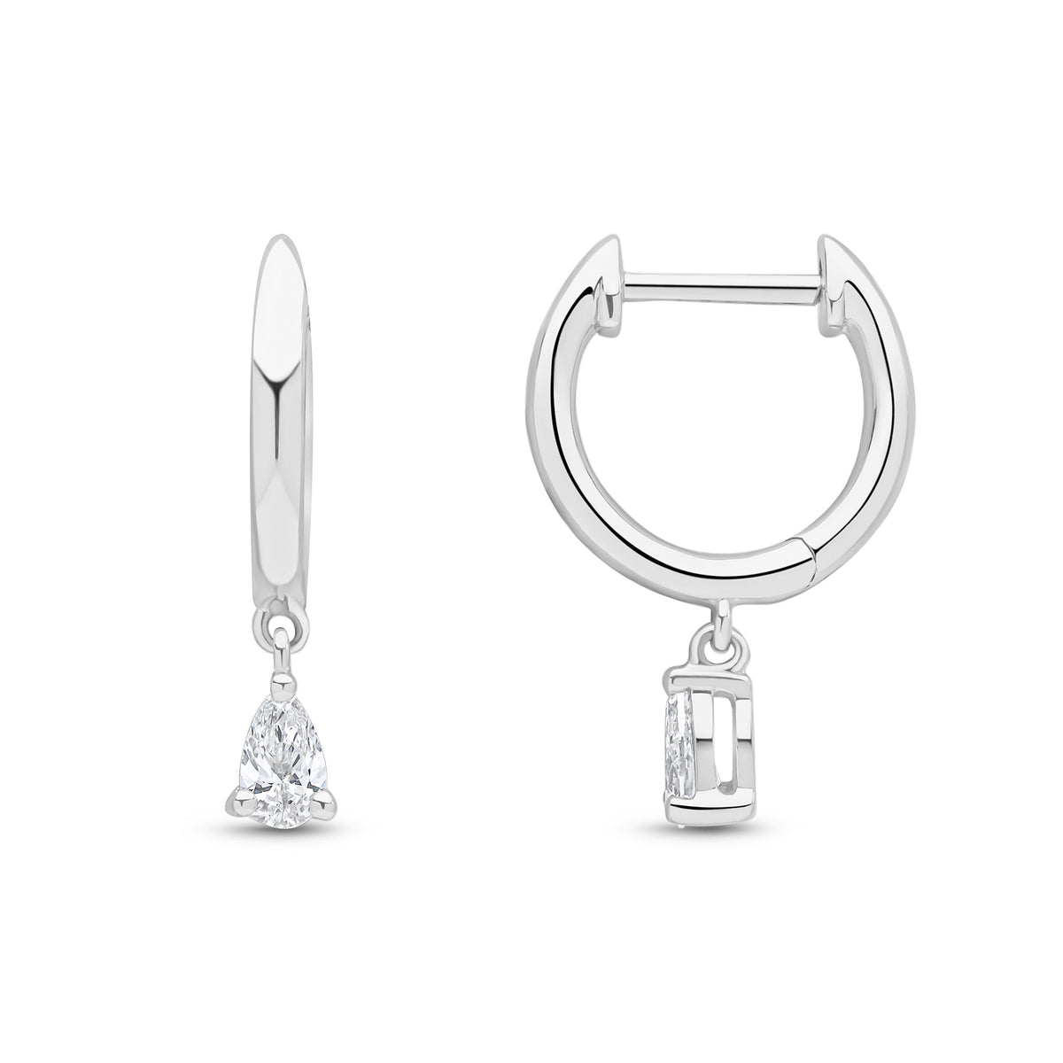 18CT WG PLAIN HOOP TOP WITH PEARSHAPE CUT DIAMOND DROP EARRINGS
