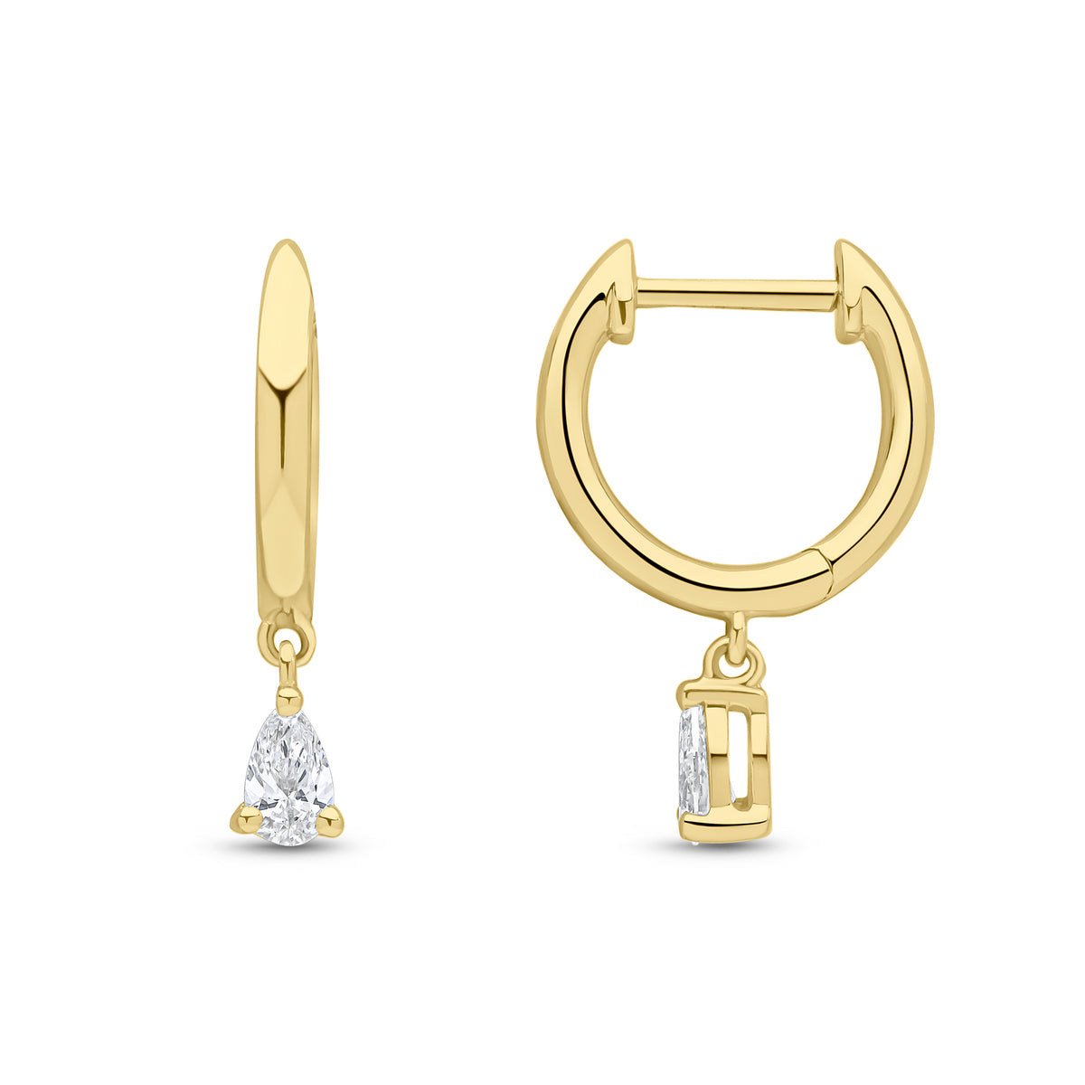 18CT YG PLAIN HOOP TOP WITH PEARSHAPE CUT DIAMOND DROP EARRINGS