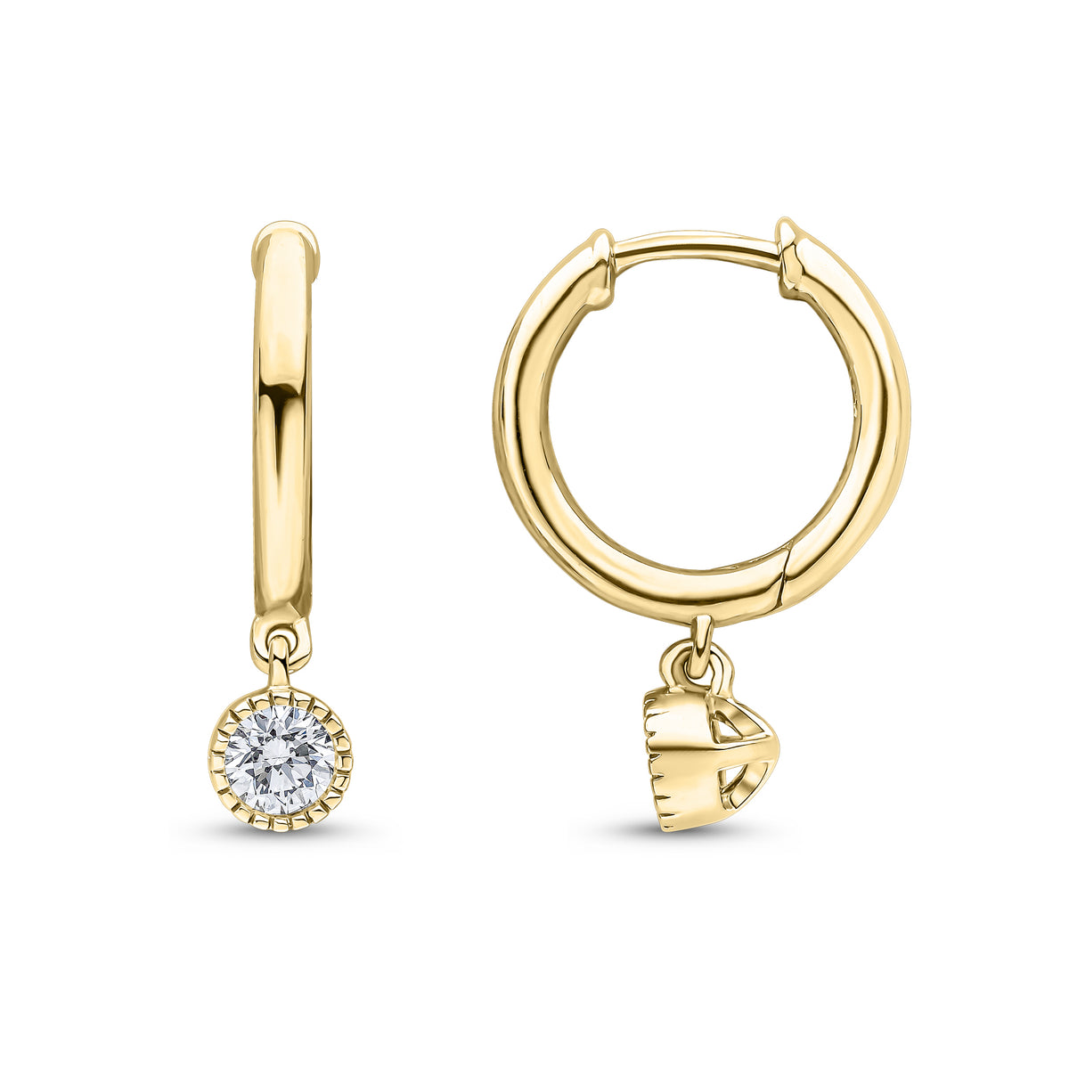 18CT YG PLAIN HOOP WITH MILLEGRAIN SET ROUND DIAMOND DROP. 0.30CT