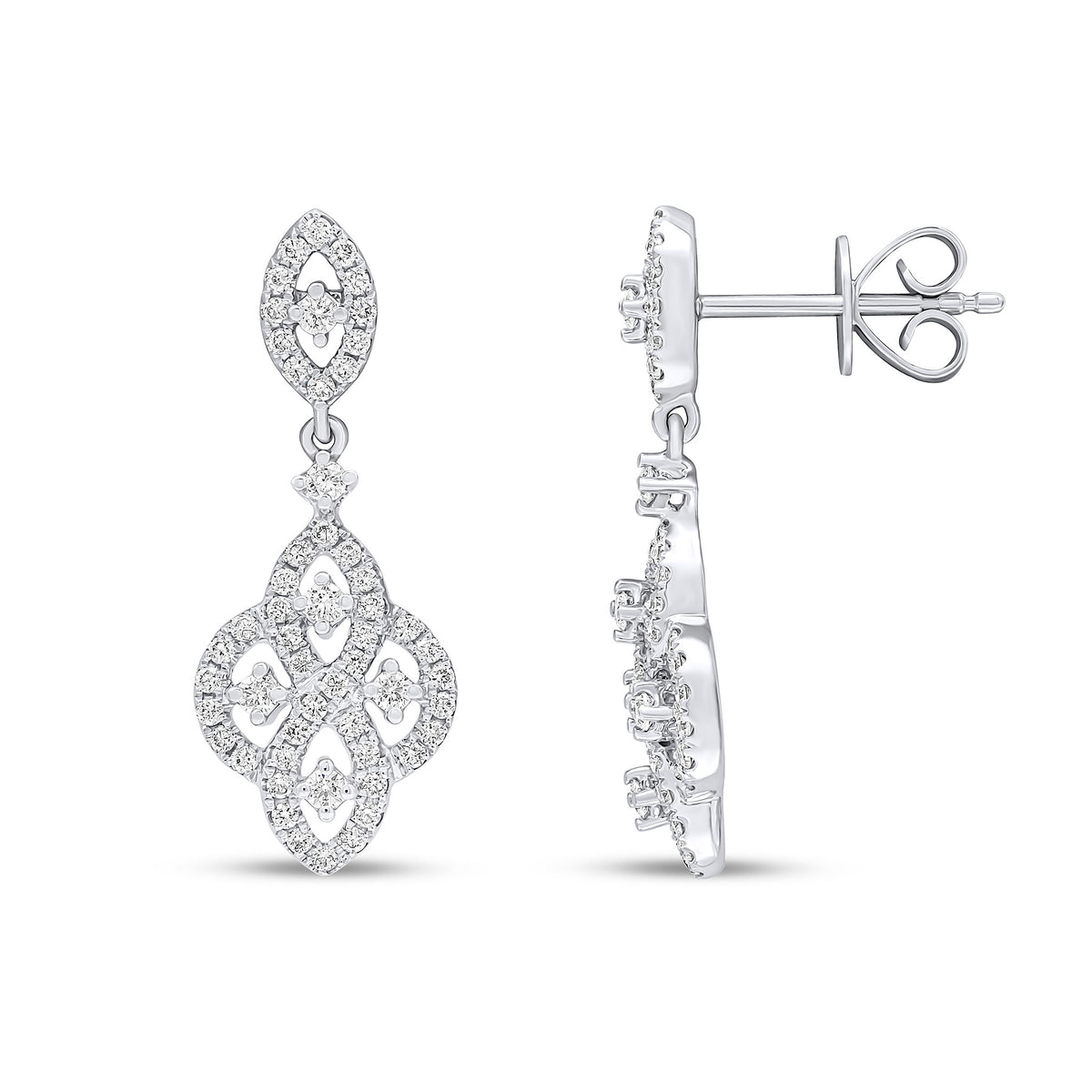 18CT WHITE GOLD ROUND DIAMOND MARQUISE MOTIFS CLAW SET DROP EARRINGS