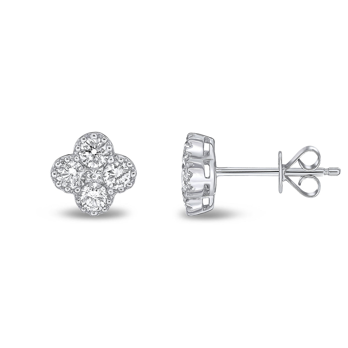 18CT WHITE GOLD ROUND AND PRINCESS CUT DIAMOND QUATREFOIL STUD EARRINGS. MILLEGRAIN SET