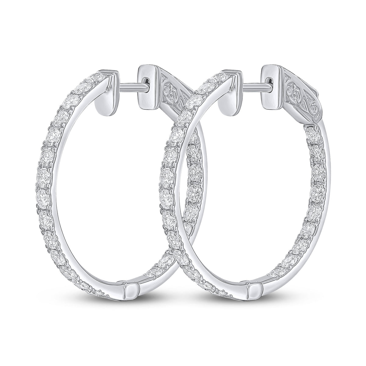 18CT WG ROUND DIAMOND CLAW SET FULL HOOP EARRINGS. 1.50CT