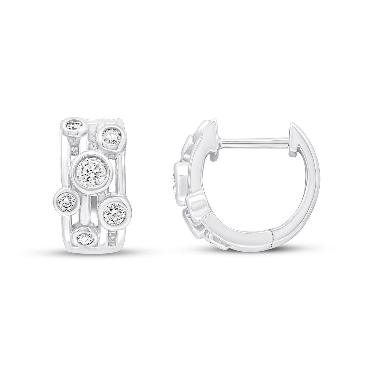 18CT WHITE GOLD ROUND DIAMOND RUBOVER 'BUBBLE' 4 ROW HINGED HUGGY EARRINGS