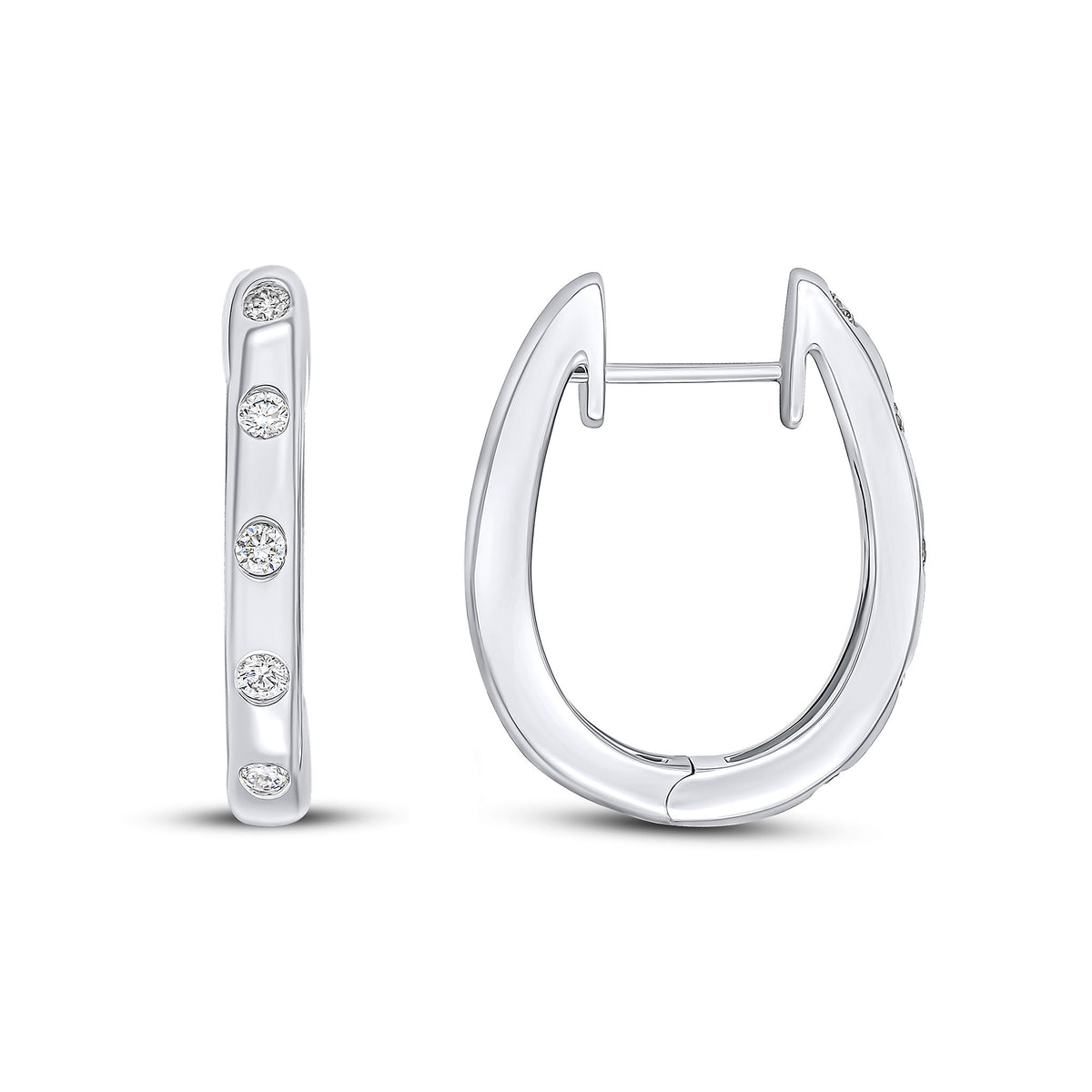 18CT WG ROUND DIAMOND FLUSH SET OVAL HINGED HUGGY HOOP EARRINGS