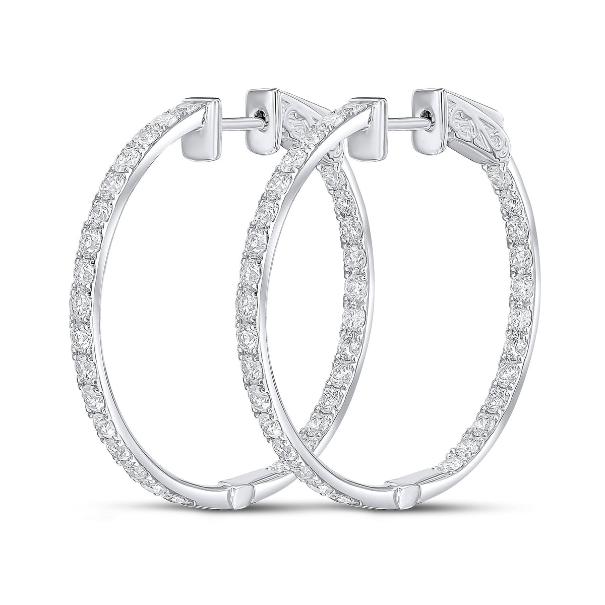 18CT WG ROUND DIAMOND CLAW SET FULL HOOP EARRINGS. 1.90CT