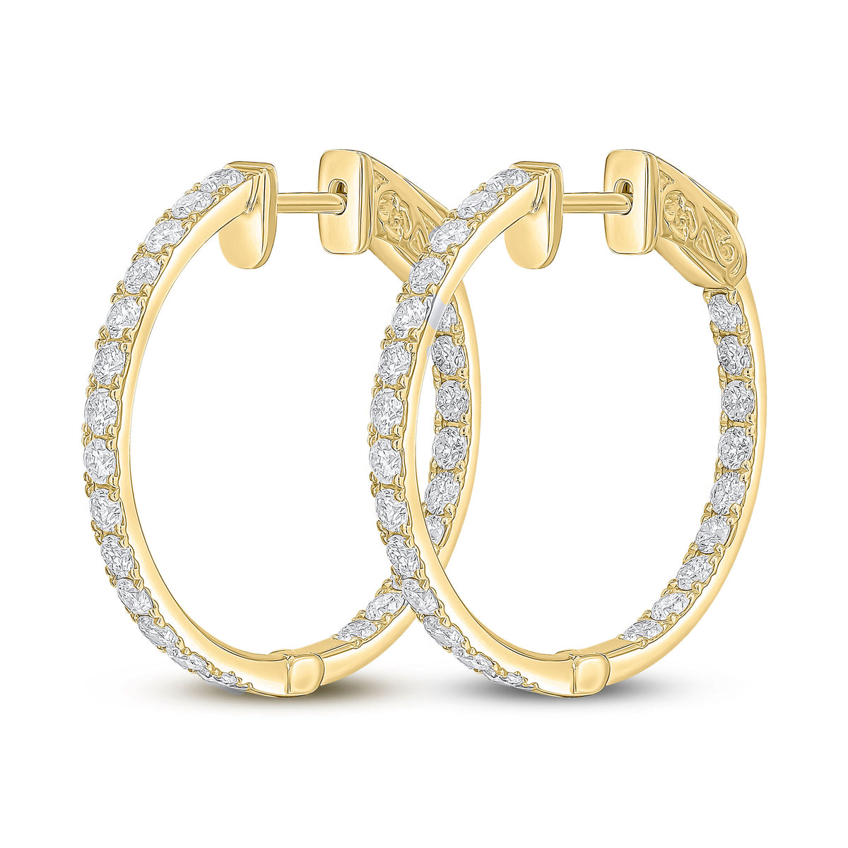 18CT YG ROUND DIAMOND CLAW SET FULL HOOP EARRINGS. 1.50CT