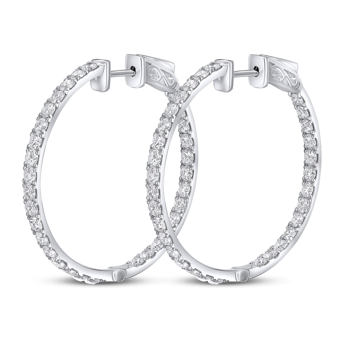 18CT WG ROUND DIAMOND CLAW SET FULL HOOP EARRINGS. 3CT