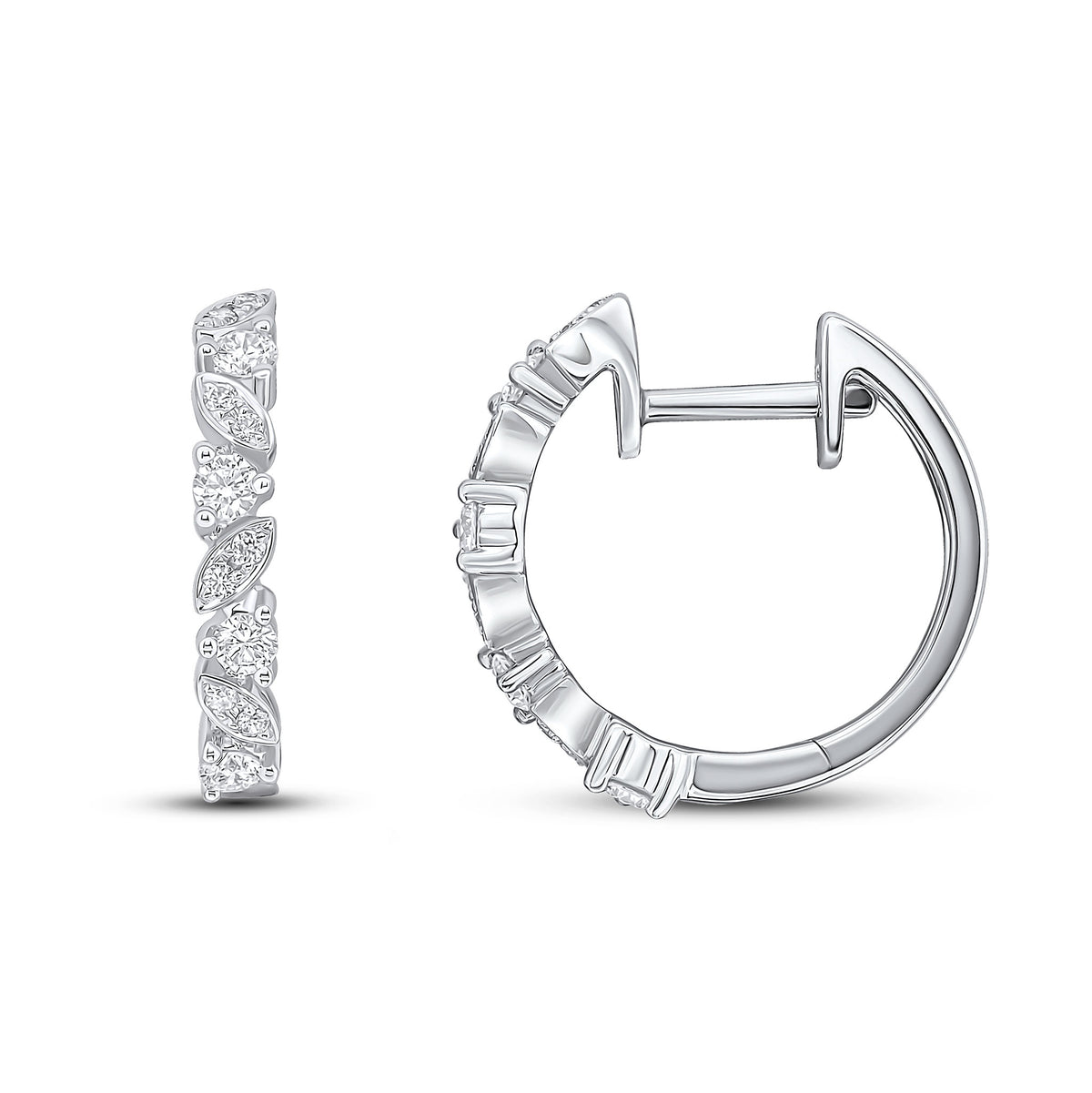 18CT WHITE GOLD DIAMONDS CLAW AND GRAIN SET FANCY HOOP EARRINGS