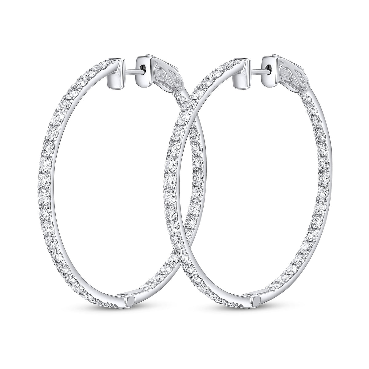 18CT WG ROUND DIAMOND CLAW SET FULL HOOP EARRINGS. 2.50CT
