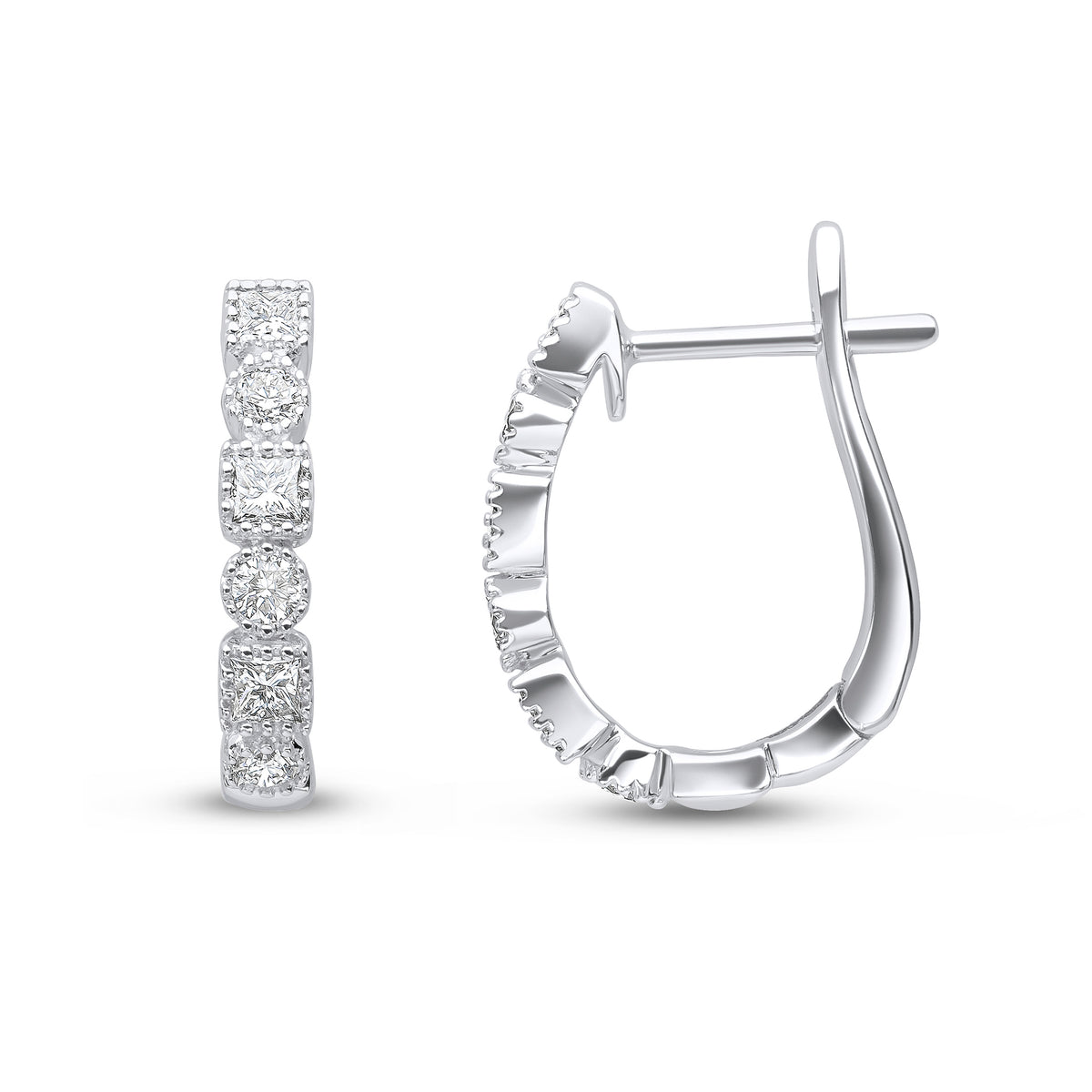 18CT WG PRINCESS AND BRILLIANT CUT DIAMOND MILLEGRAIN HOOP EARRINGS