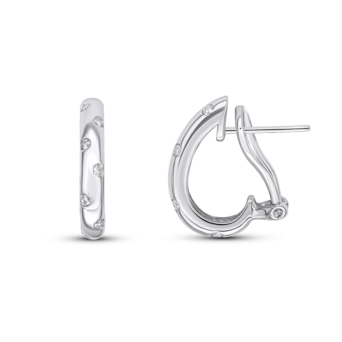 18CT WG ROUND DIAMOND FLUSH SET OVAL PEG AND CLIP HALF HOOP EARRINGS
