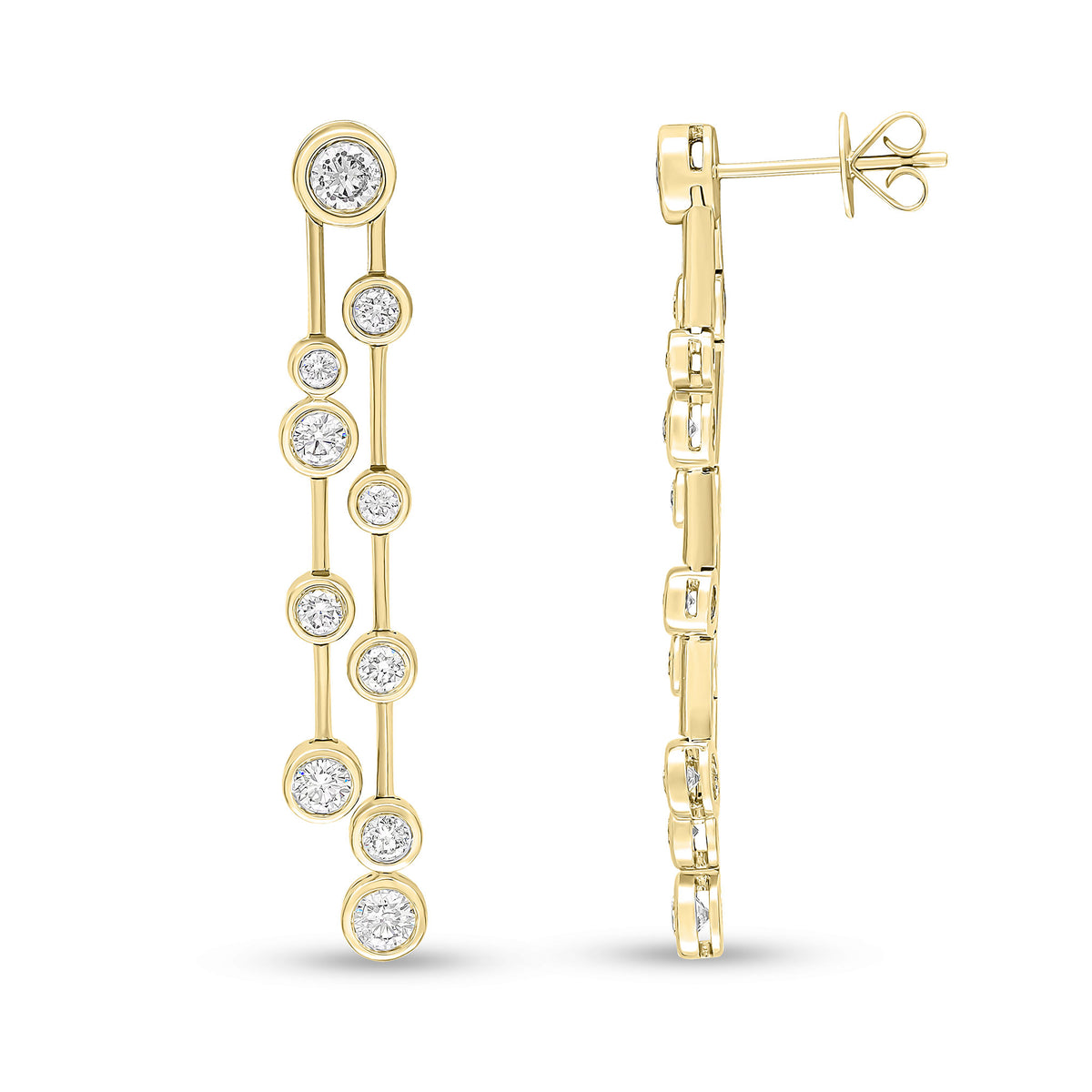 18CT YELLOW GOLD RUBOVER SET ROUND DIAMOND AND BAR BUBBLE 2 ROW DROP EARRINGS