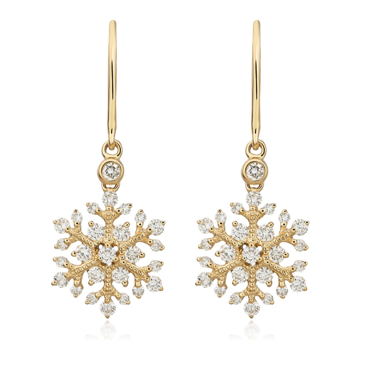18CT YG DIAMOND SET SNOWFLAKE DROP EARRINGS ON HOOK WIRE