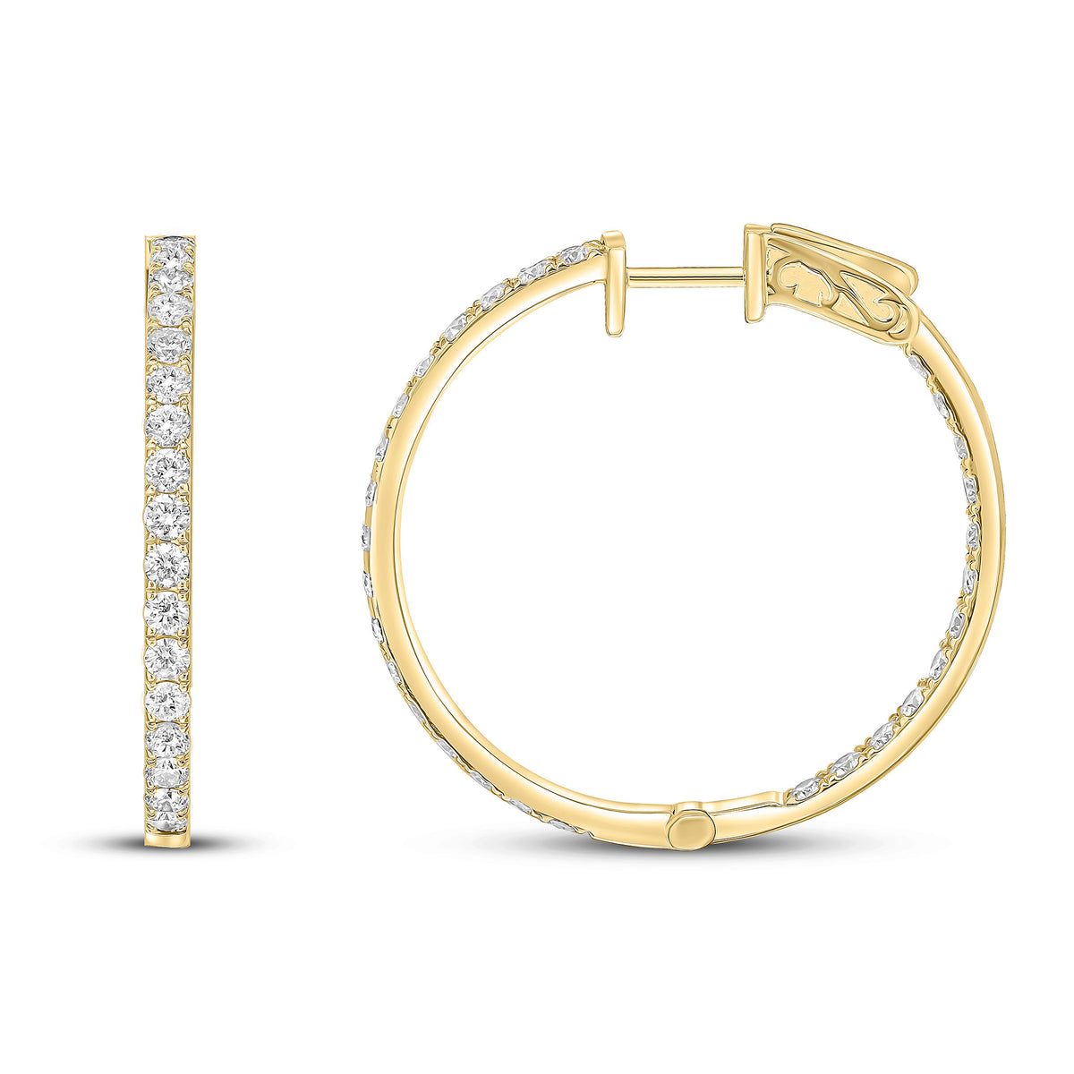 18CT YG ROUND DIAMOND CLAW SET FULL HOOP EARRINGS. 1.85CT