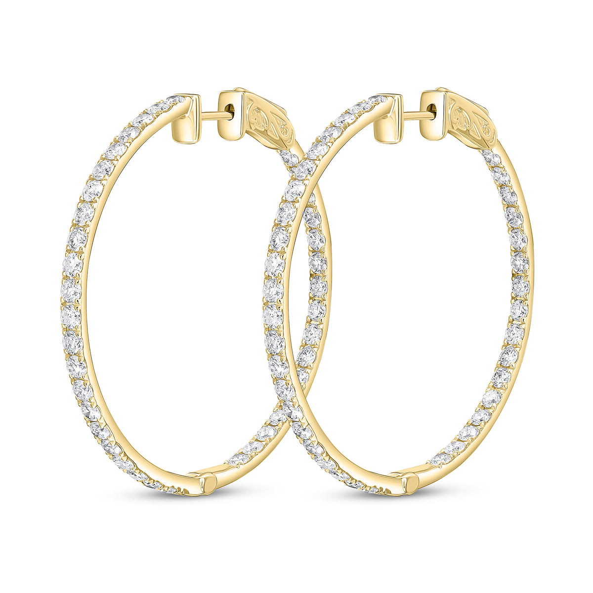 18CT YELLOW GOLD ROUND DIAMOND CLAW SET FULL HOOP EARRINGS. 2.45CT