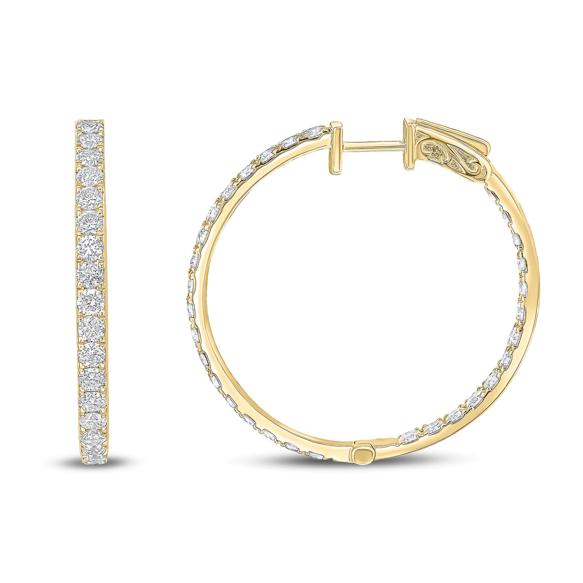 18CT YG ROUND DIAMOND CLAW SET FULL HOOP EARRINGS. 3CT