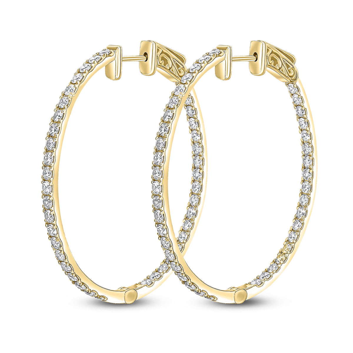 18CT YELLOW GOLD ROUND DIAMOND CLAW SET OVAL FULL HOOP EARRINGS. 2.62CT