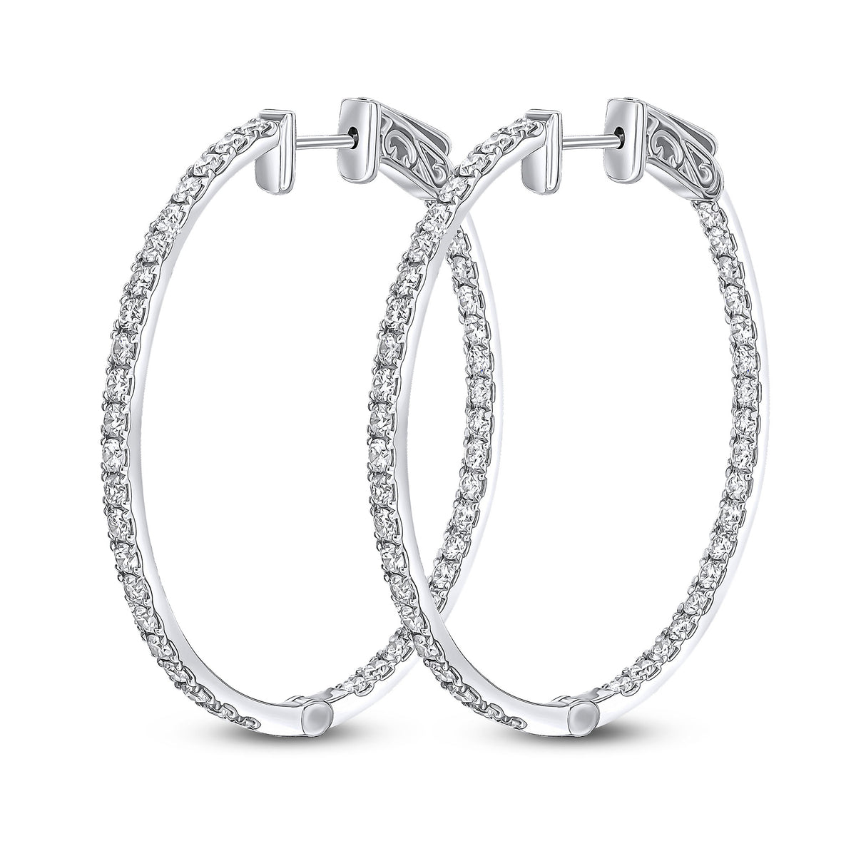 18CT WHITE GOLD ROUND DIAMOND CLAW SET OVAL FULL HOOP EARRINGS. 2.61CT