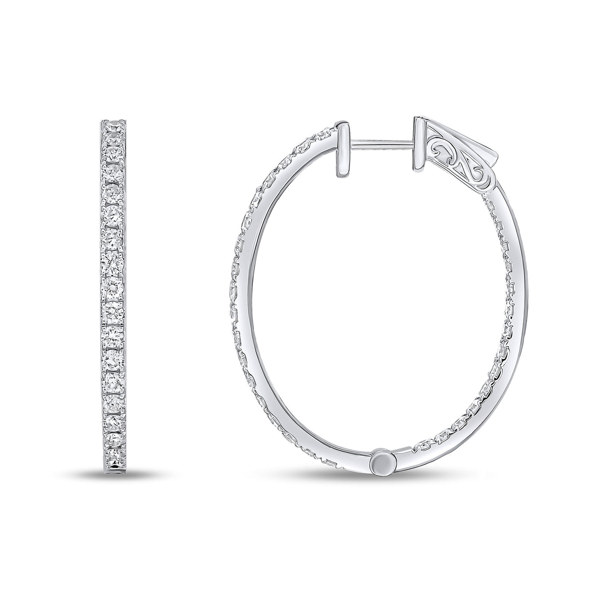 18CT WHITE GOLD ROUND DIAMOND CLAW SET OVAL FULL HOOP EARRINGS. 2.07CT